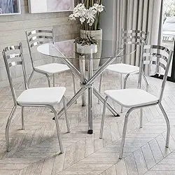 Kit Conjunto Mesa Redonda 4 Cadeiras 95 x 95 cm Sala de Jantar Cozinha Vidro Metal Cromado Branco