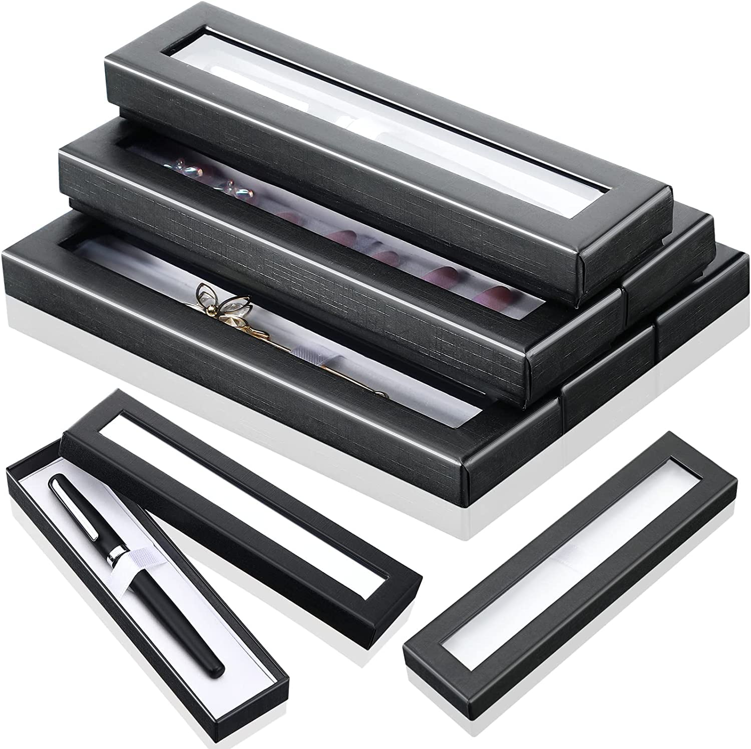 8PCS Pen Gift Box Empty Cases, Clear Lid Pen Presentation Box Display Box Jewelry Gift Present Cases Empty Pen Cases with Clear Lid for Business Birthday Souvenir Office Supplies (Black)