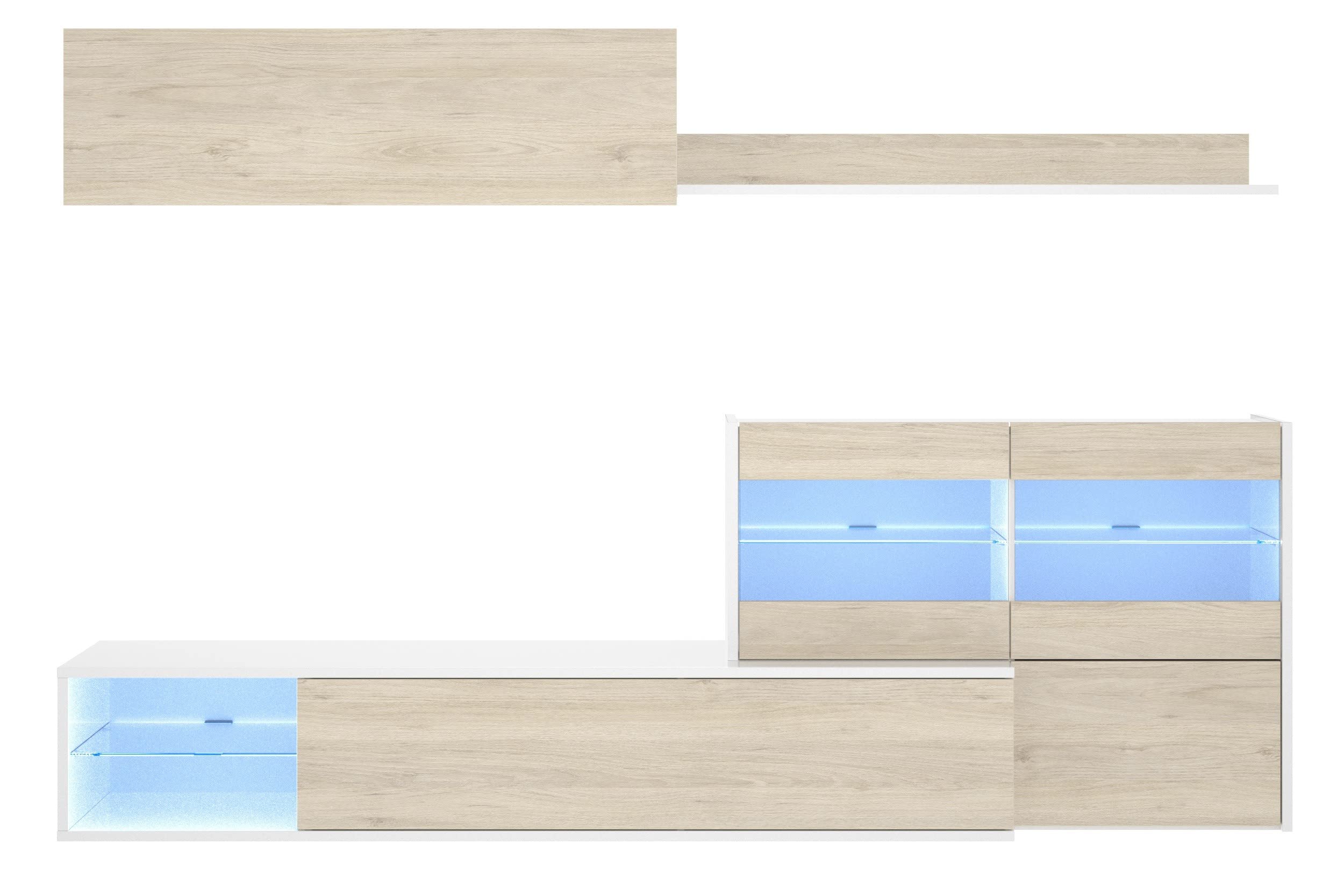 Parete attrezzata porta Tv 260 cm Grace Bianco lucido e Rovere Naturale - Bianco e Naturale