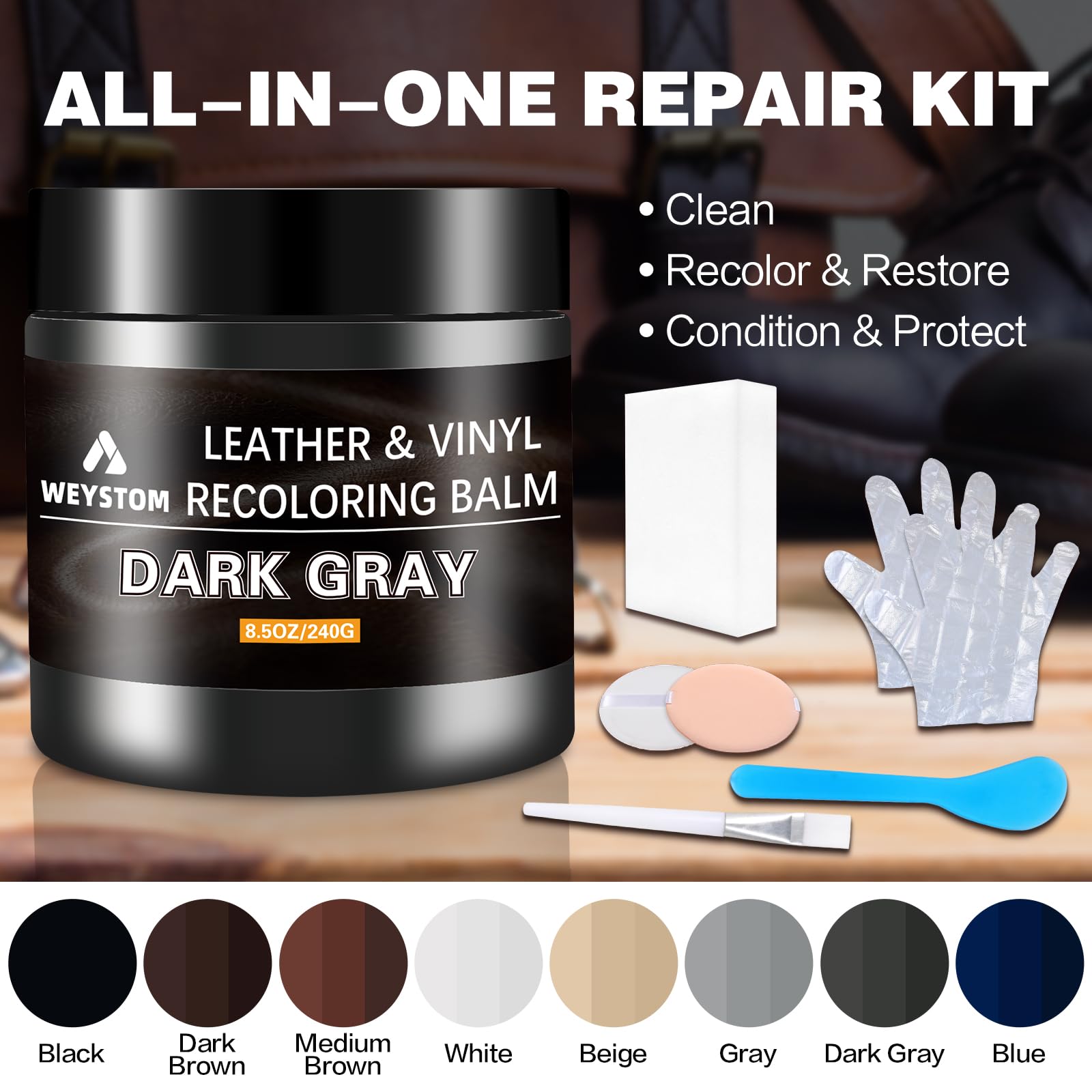 Bálsamo para recoloración de cuero, kit de reparación de cuero para muebles, tinte de cuero, recoloración, renovación, reparación y restauración de cuero envejecido, desteñido, agrietado, pelado y