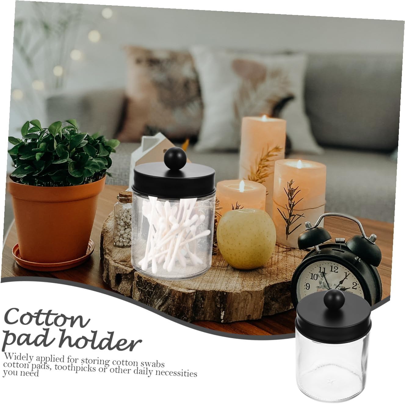 Luxshiny Glass Cotton Swab Dispenser and Cotton Ball Holder Set with Stainless Steel Black Lids, round Storage Jars for Bathroom and Vanity Organization, 3pcs