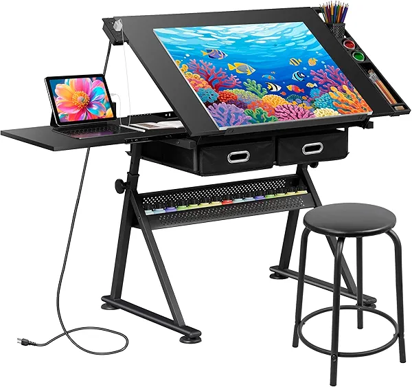 JupiterForce Drafting Table Art Desk w/Power Outlet and Stool, Adjustable Tilting Drawing Table Artist Desk with 2 Storage Drawers, Art Craft Work Station for Home Office Working, Writing, Crafting