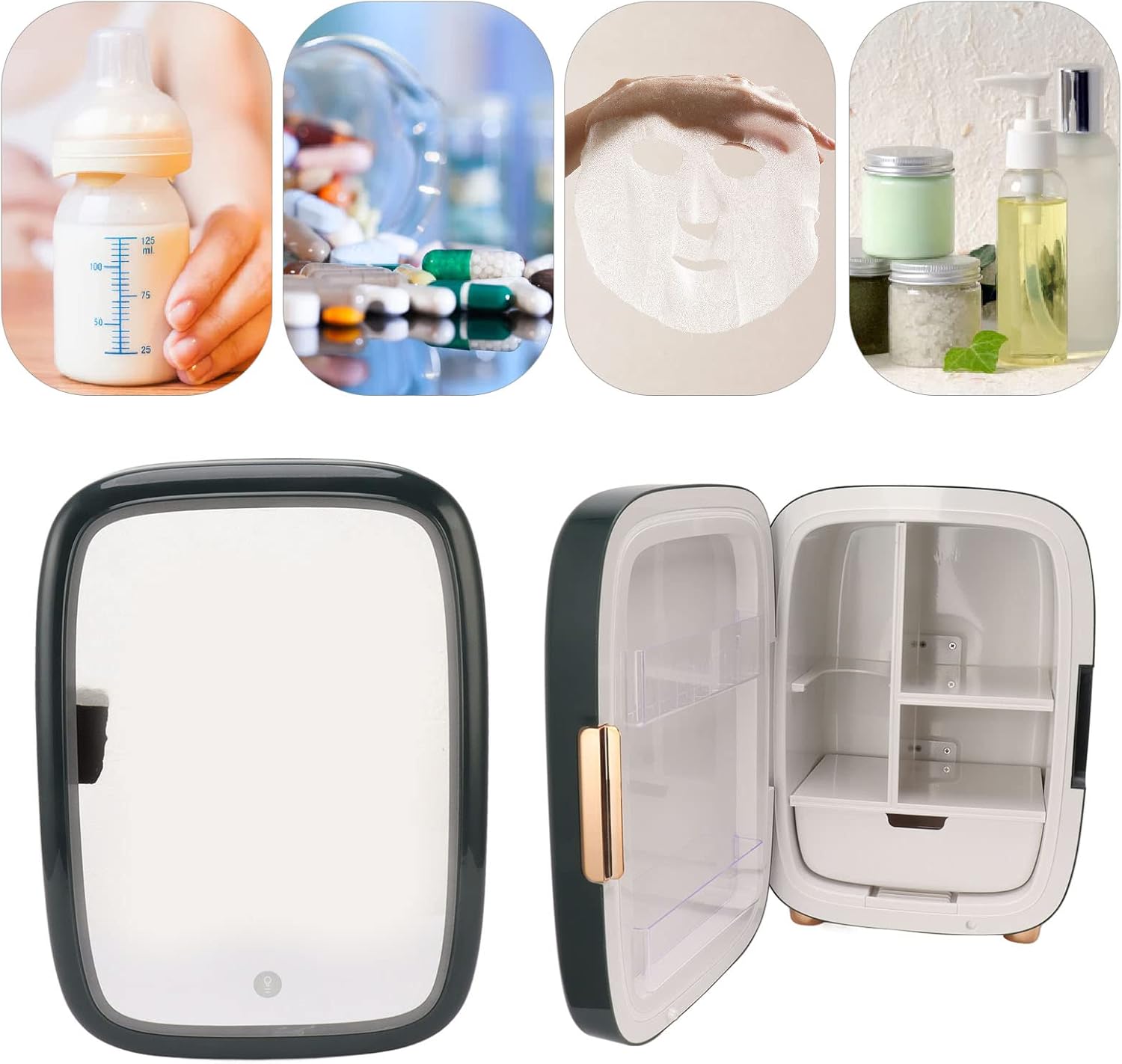 Mini Fridge 12L Energy Saving Dimmable LED Light Small Fridge with Mirror for Drinks for Bedroom (US Plug)