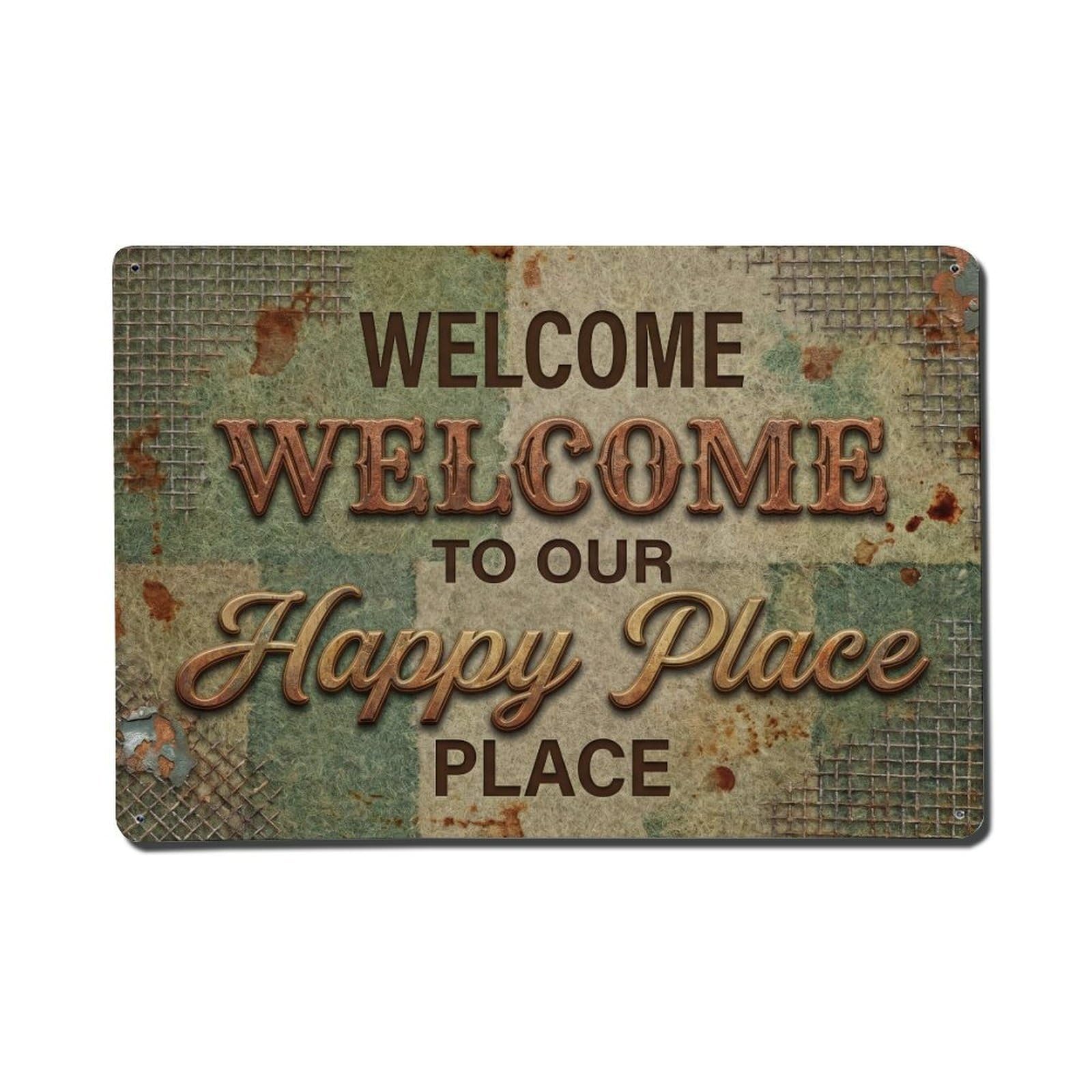 Okngb Style Cutter Tool Welcome Happy Place Leafy Border Texture Metal Tin Sign Plaque Wall Decor For Cafe, Man Cave, Club Bar, Office, Home Garden Round Metal Poster 8X12inch