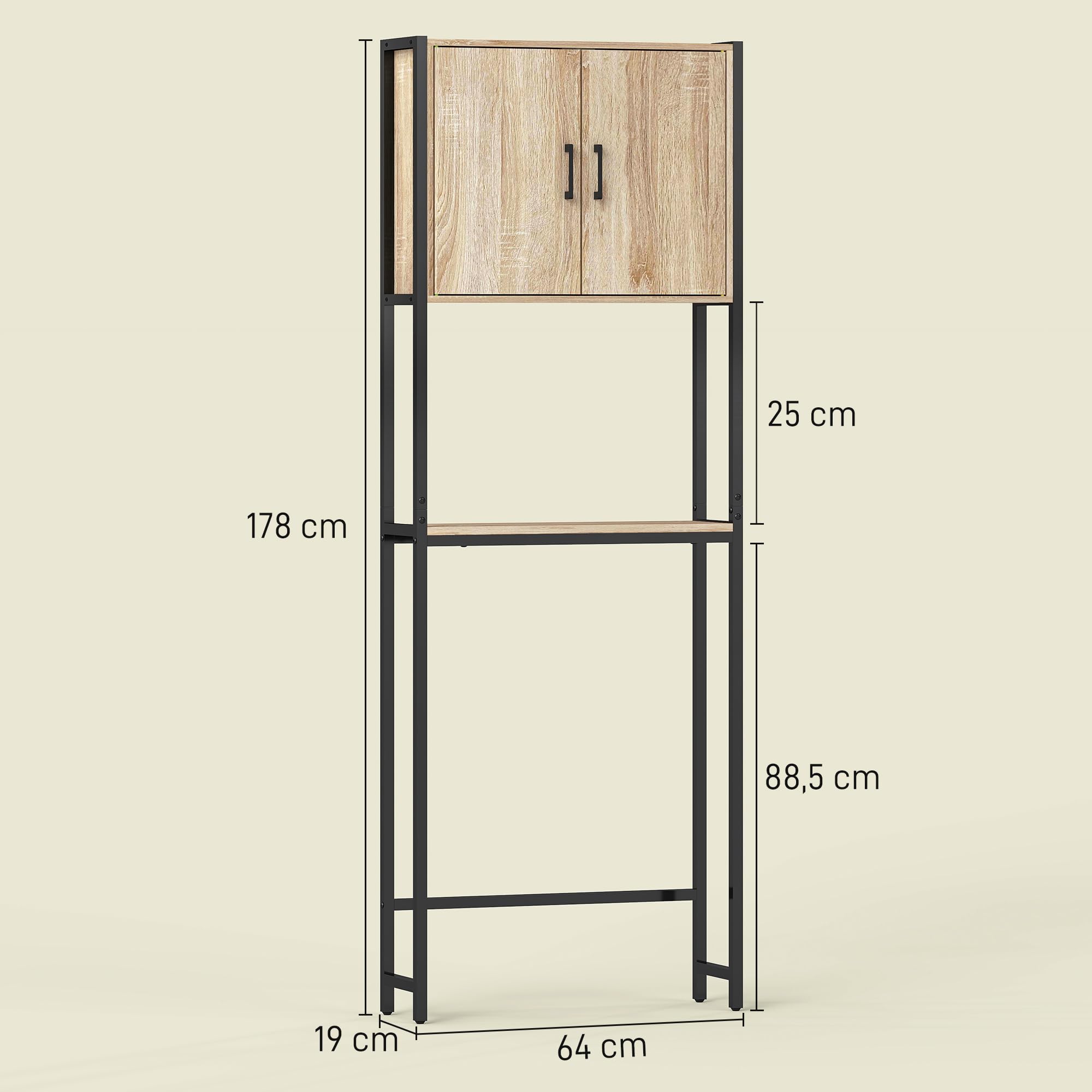 kleankin Mueble sobre Inodoro, Organizador sobre WC con 2 Puertas, Estante Ajustable, Estante Abierto, Estantería de Baño Encima WC para Espacio Pequeño, 64x19x178 cm, Natural