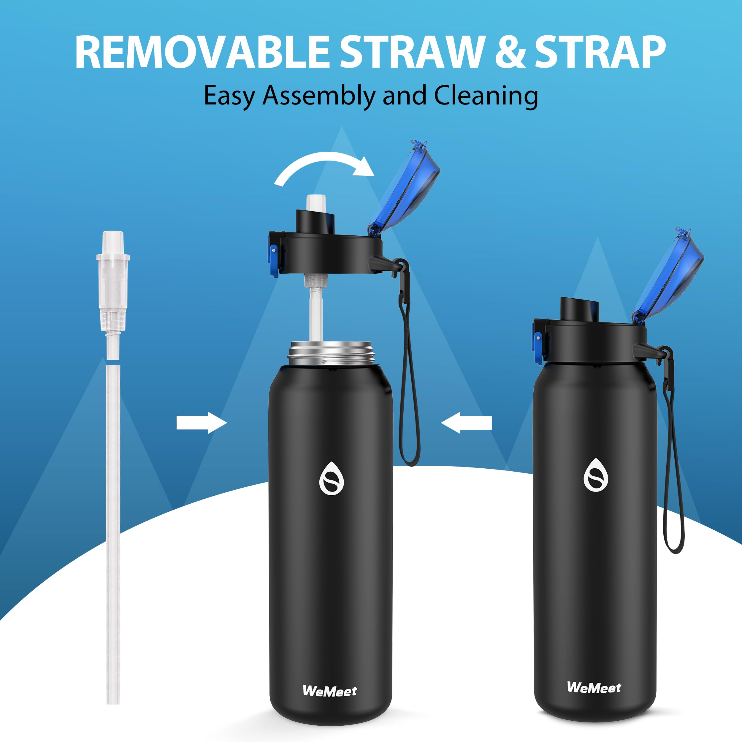 WEMEET Borraccia da 1000 ml, in acciaio inox con cannuccia rimovibile, in acciaio inox 18/10, senza BPA, con tracolla rimovibile per caffè, tè, perfetta per attività all'aperto, lavoro, bambini,