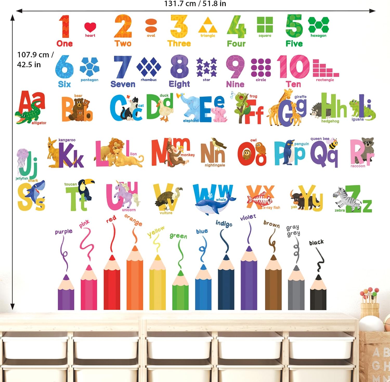 DECOWALL SG3-2316 Alphabet Numbers and Colouring Pencils Wall Stickers Decals Classroom Kids playroom Art Play Room Rainbow ABC Decorations Toddler Color Child Preschool Living Baby Girl Baby boy