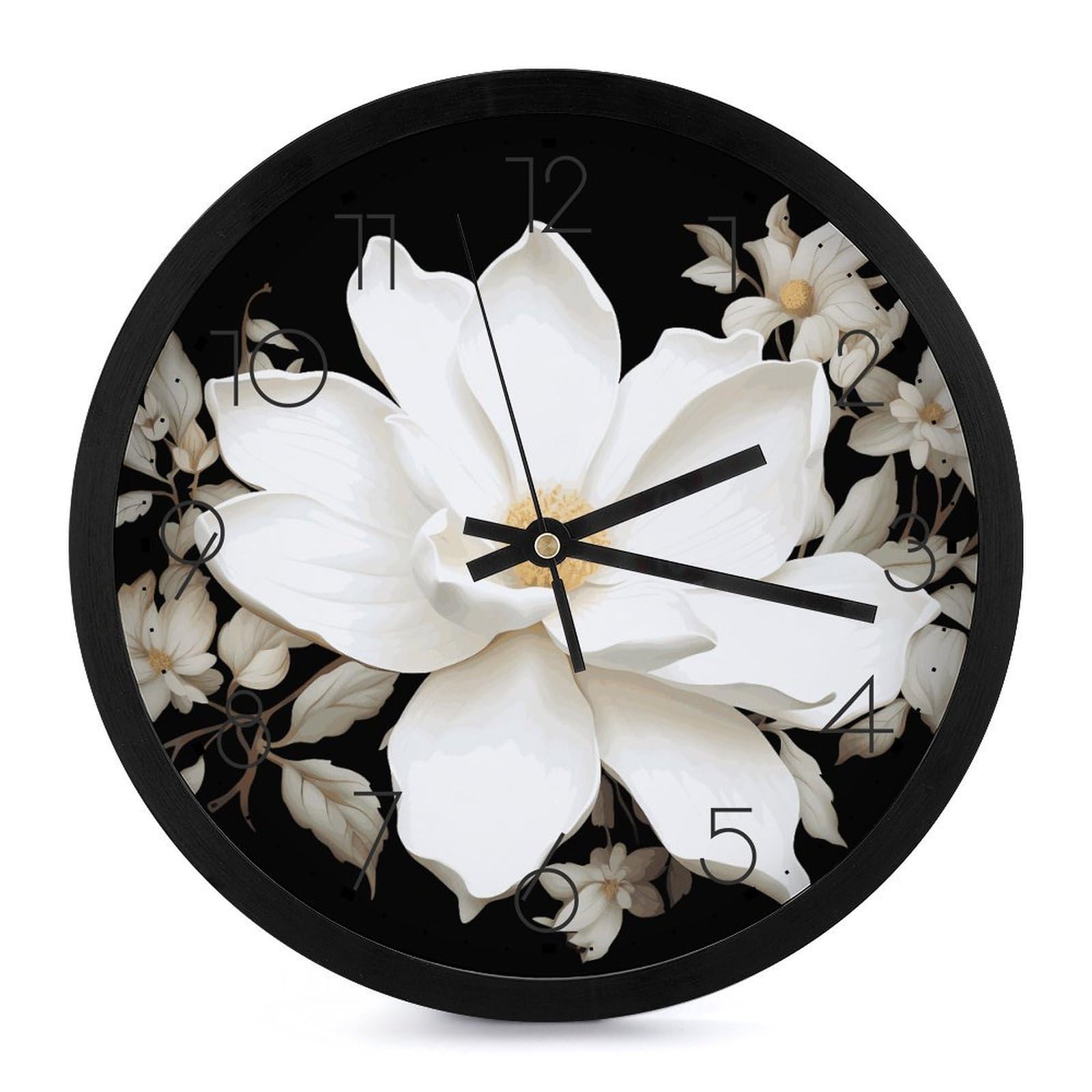Horloge murale moderne ronde de 25 cm à piles avec cadran floral blanc design