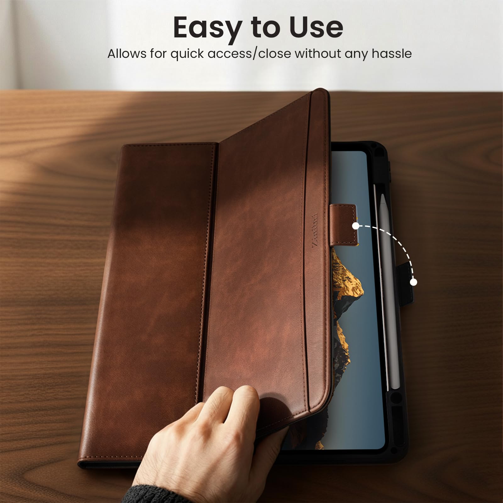 Funda para iPad Air 11 Pulgadas M4/M3/M2 (2026/2025/2024),iPad Air 5/4 Generación 10,9" con Portalapiz & Bolsillo & Correa de Mano,Cierre Magnético Soporte,Auto Sueño/Estela,Marrón Oscuro