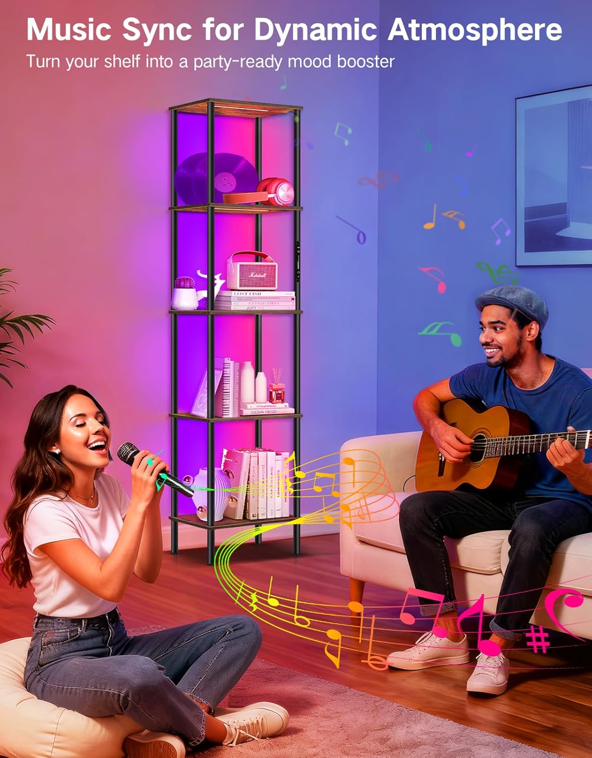 5 Tier Display Shelves with RGB Lights, Display Cabinet with Touch & APP & Remote Control, Dimmable Bookshelf with Music Sync, Adjustable Color Lighting for Living Room, Bedroom