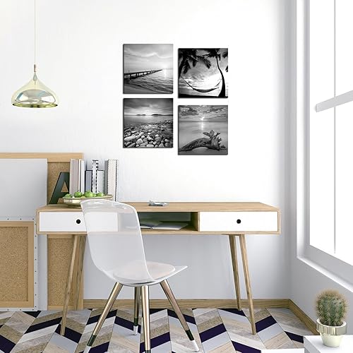 Miniatura 5 de sechars - Arte de pared de playa en blanco y negro pintura de paisaje marino imagen de paisaje de amanecer impresión en lienzo giclée enmarcado para