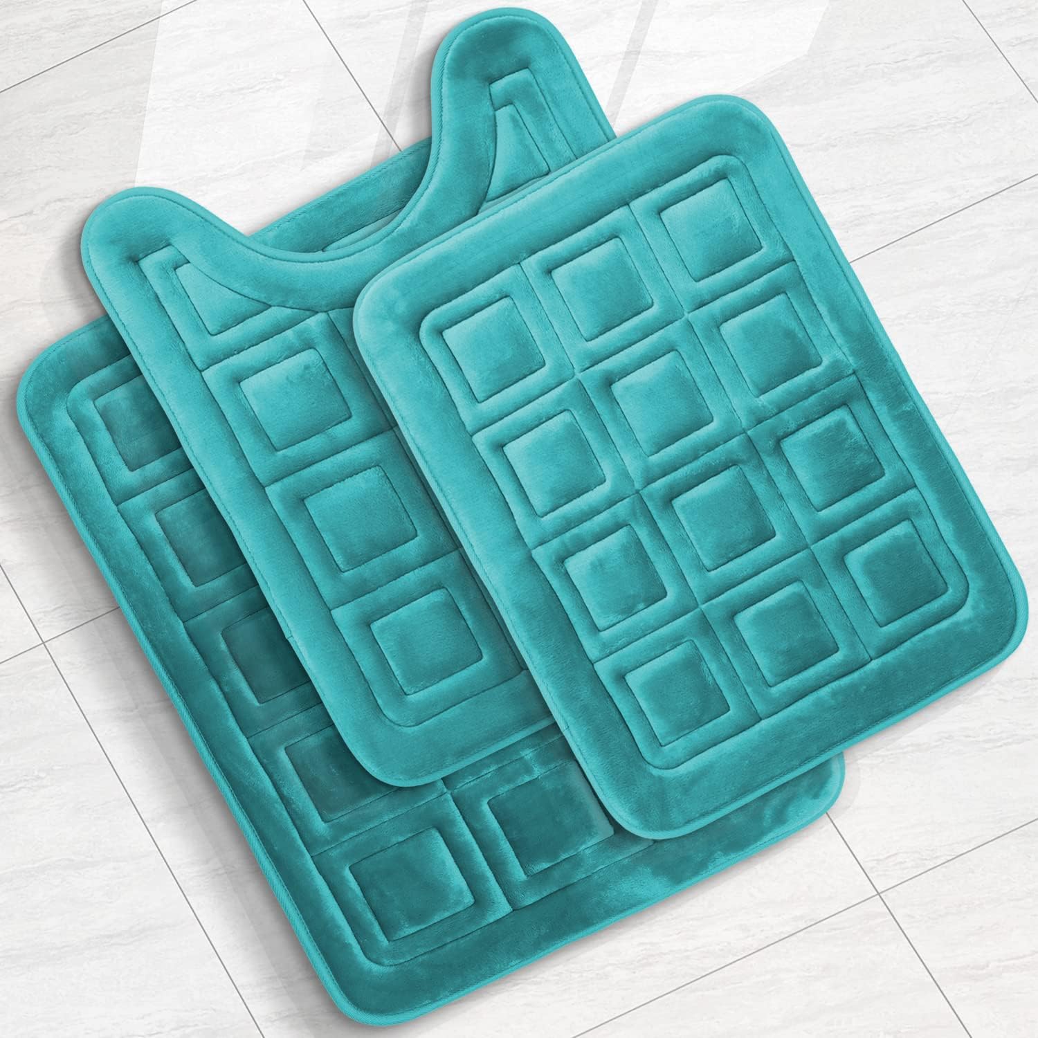 Clara Clark Bathroom Rugs, Velvet Memory Foam Bath Mat, Non-Slip Bath Rugs, Machine Wash, Dries Quickly, Ultra Soft Plush Bath Mats for Bathroom, Waffle - Teal