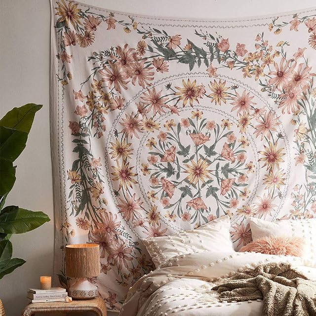 Beige Bohemian Tapestry Wall Hanging, Mandala Flower Medallion Hippie Tapestry with White Aesthetic Wreath Design, Psychedelic Hippie Wall Decoration Ceiling for Bedroom Dorm, 150 cm x 170 cm