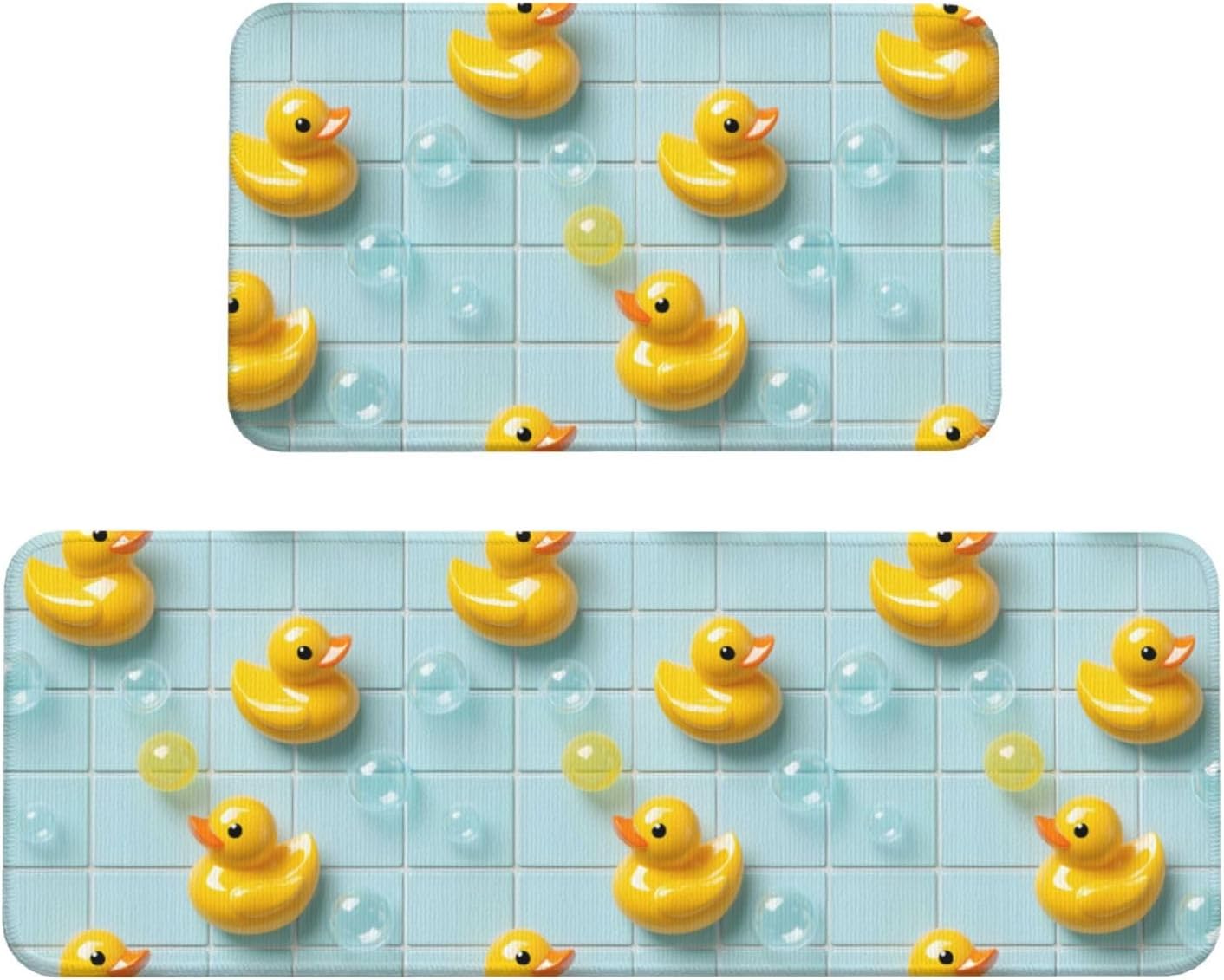 Cute Duck Bubbles Print Kitchen Rugs Sets of 2 Non Slip Washable, Anti Fatigue Kitchen Mats for Floor, Home Decor