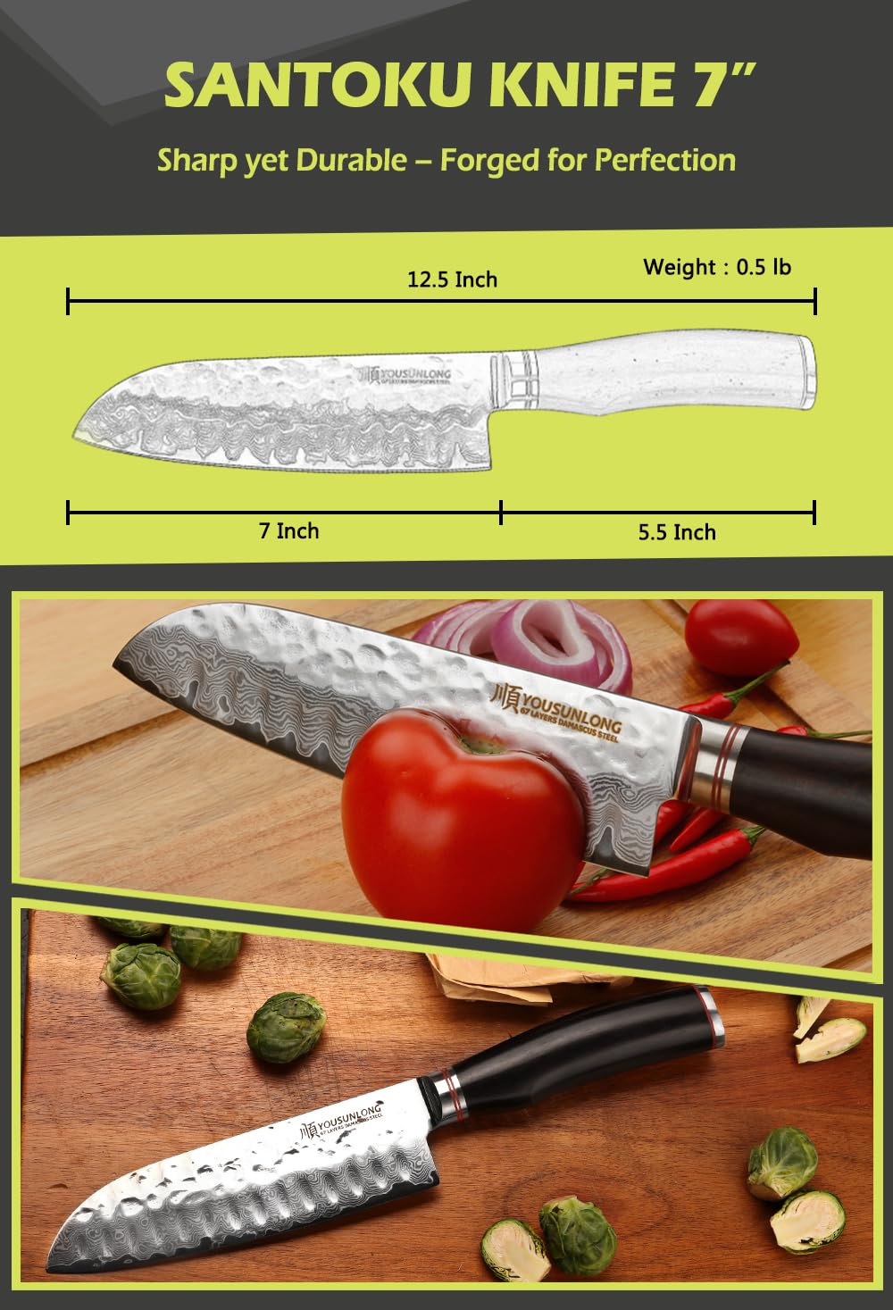 YOUSUNLONG Coltello Santoku - Coltello da cucina, 177 mm - Coltello da chef professionale - Damasco giapponese ad alto tenore di carbonio VG10 - Manico in ebano naturale con fodero in pelle
