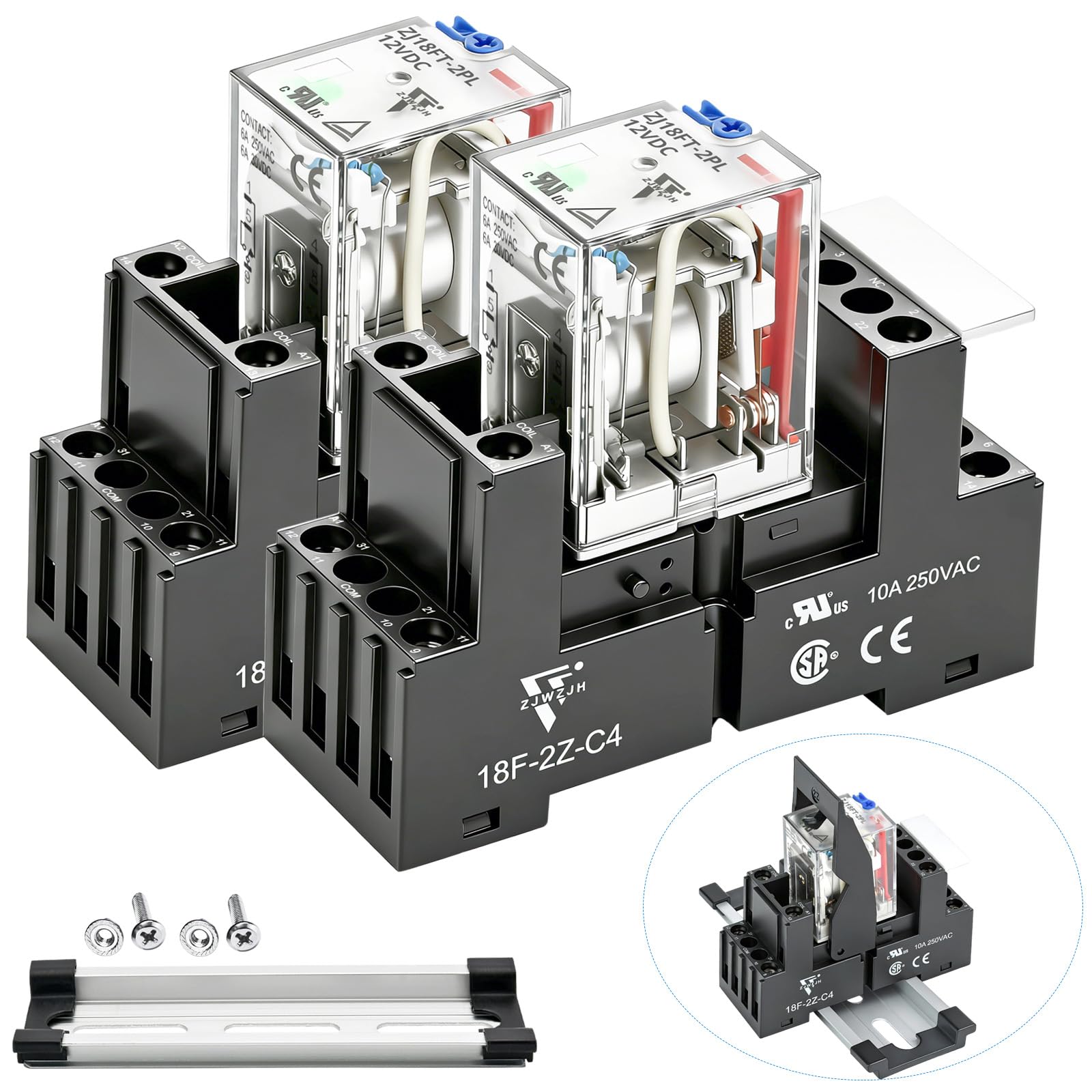 UL Listed Electromagnetic Relay 10 Amp 12VDC Din Rail 8-Pin, DPDT 2NO 2NC with Test Button, DIN Rail, LED Light 2PCS Power Relay-image-45