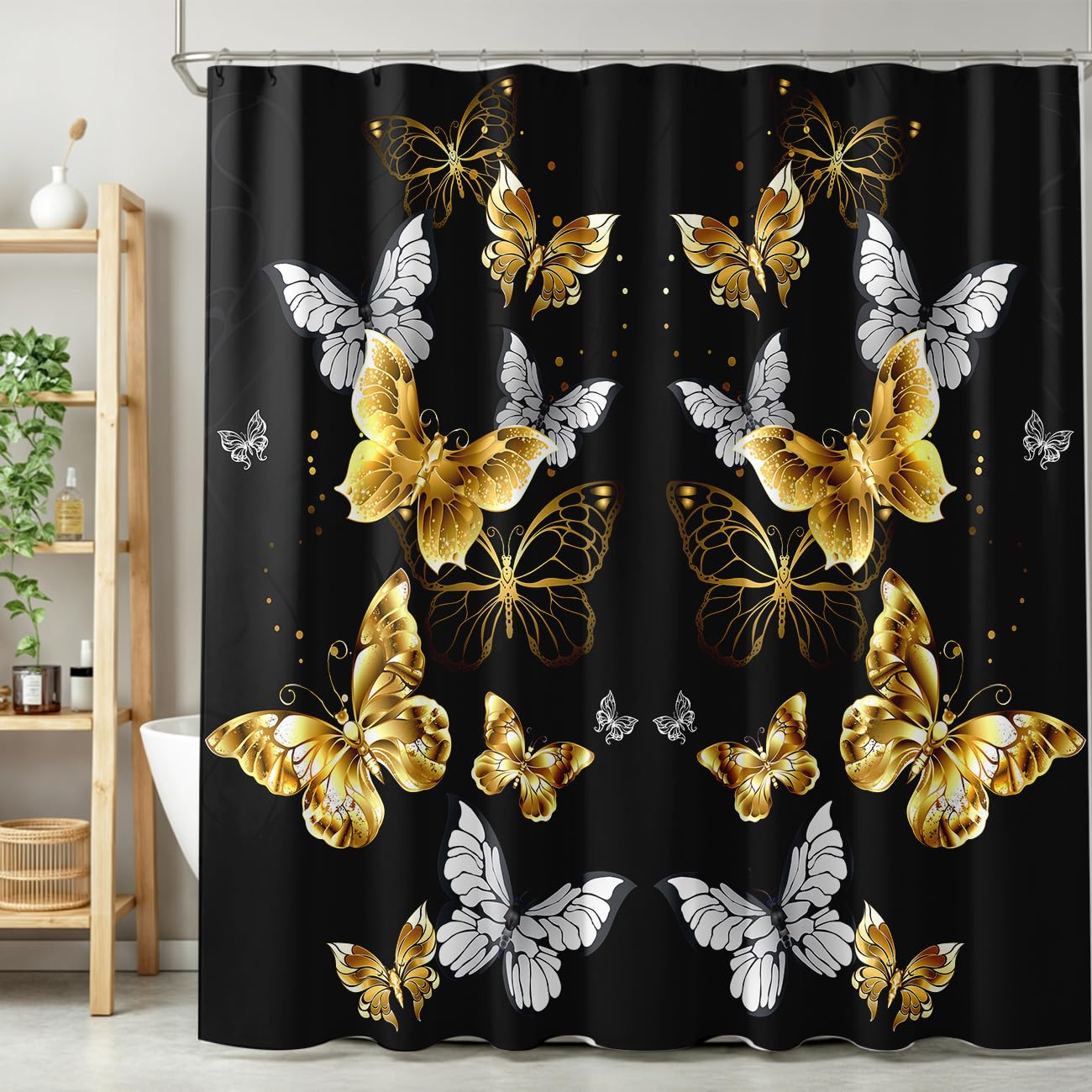 Yearn Jear Golden Butterfly Shower Curtain,Black Gold Butterflies Pattern Shower Curtains Set for Bathroom Fabric Decorative Bath Curtain Washable Curtain Hooks, 72x72”