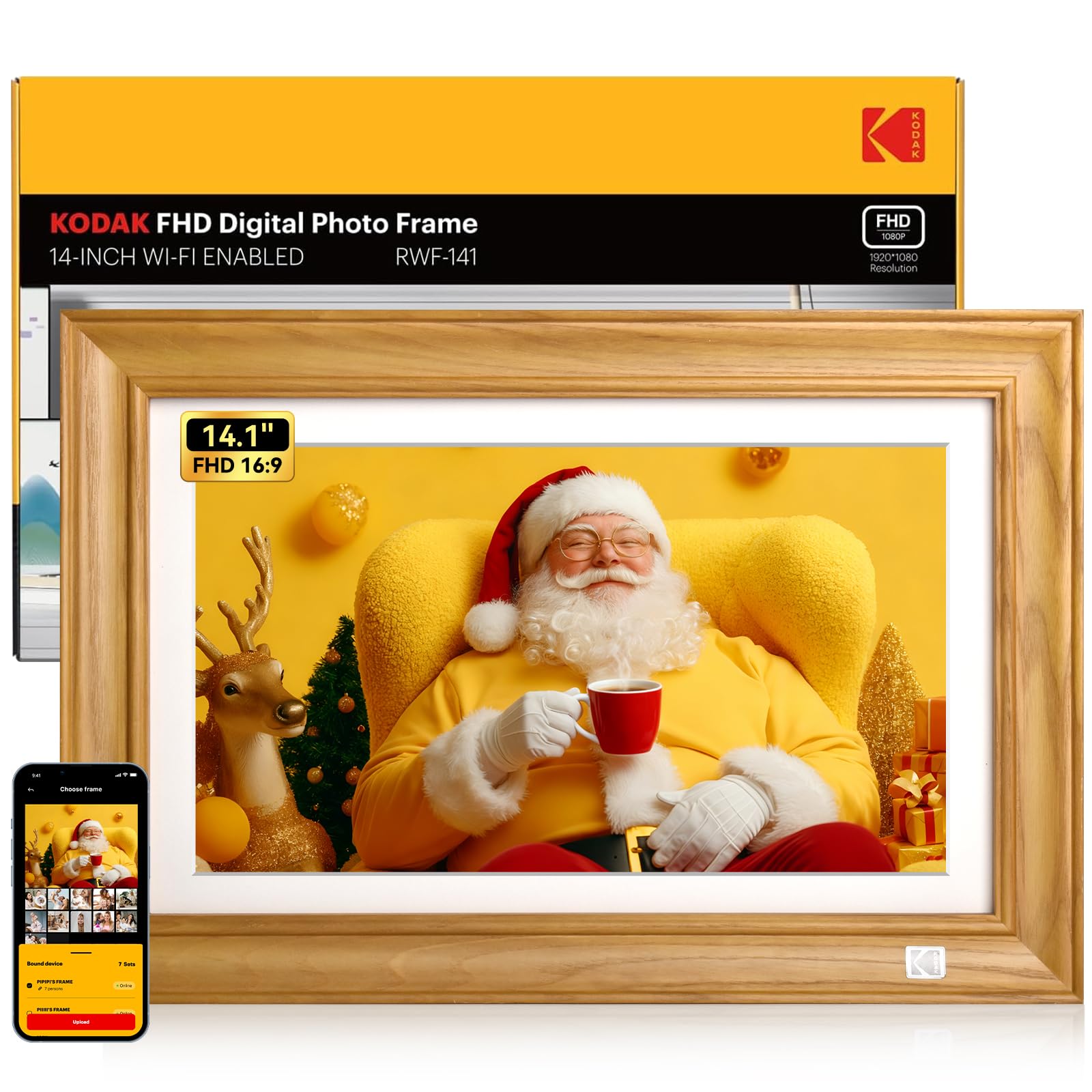 - Kodak 14.1 Inch Smart WiFi Digital Picture Frame 1920x1080 Touch Screen, Auto-Rotate, Built in 32GB Memory, Share Photos and Videos for Anywhere Anytime, for Friends and Family (Wood)