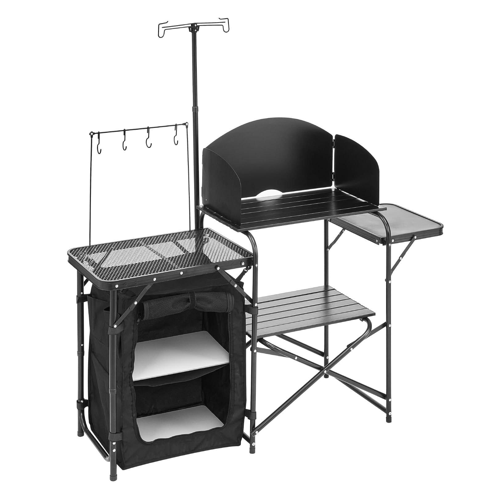 VEVOR Mesa de Cocina para Acampar al Aire Libre, de Aluminio, con Armario de Almacenamiento, Bolsa de Transporte, Parabrisas Desmontable, Apto para Barbacoa, Fiesta, Pícnic, Viajes en RV, Negro
