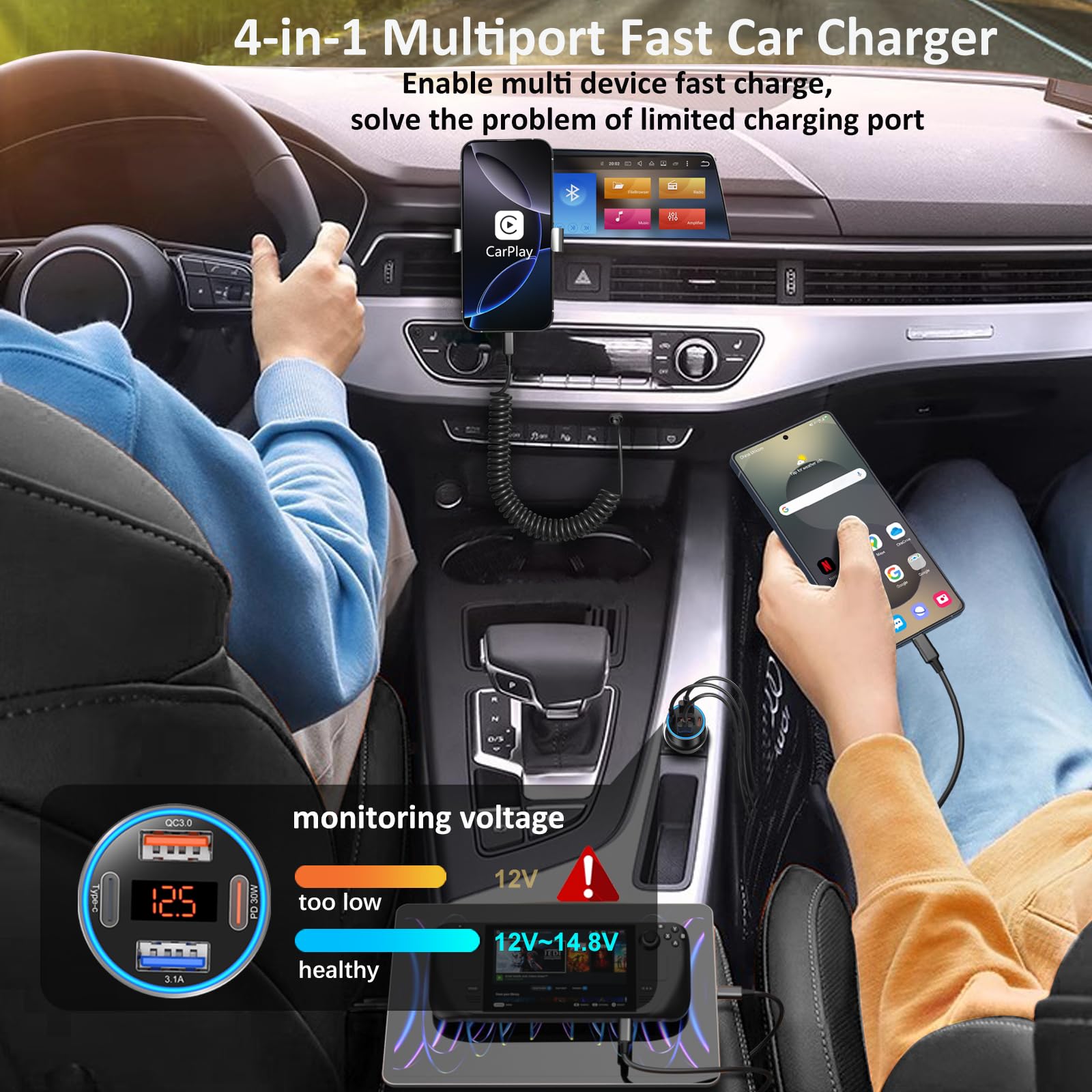 Cargador de coche USB de 65 W con voltímetro (negro, 2 unidades)
