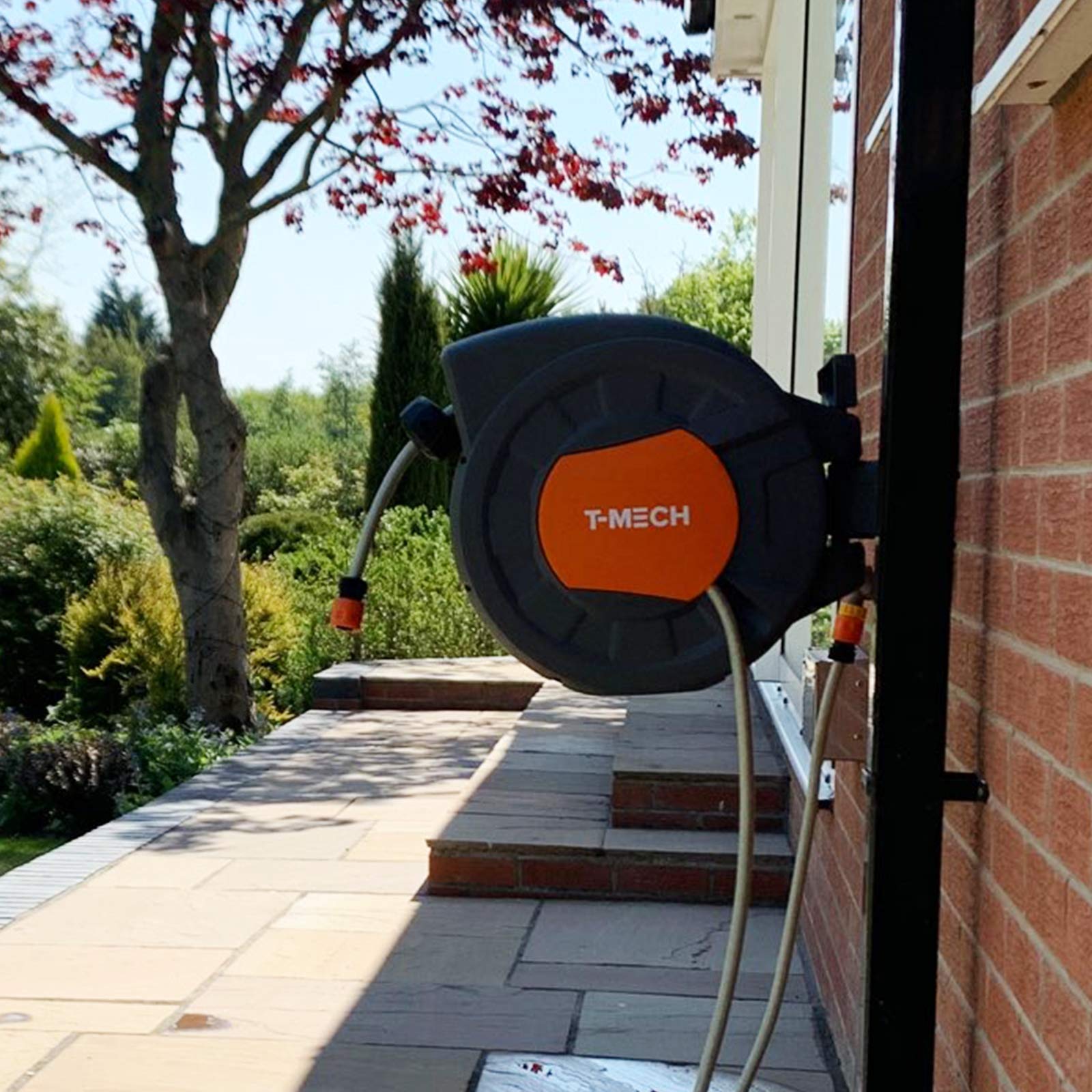 T-Mech - Avvolgitubo da Giardino Automatico Annaffiatoio Girevole Autoavvolgente e Pistola Spruzzo Staffa a Muro Girevole con Alimentazione da 2m e Tubo da 20m