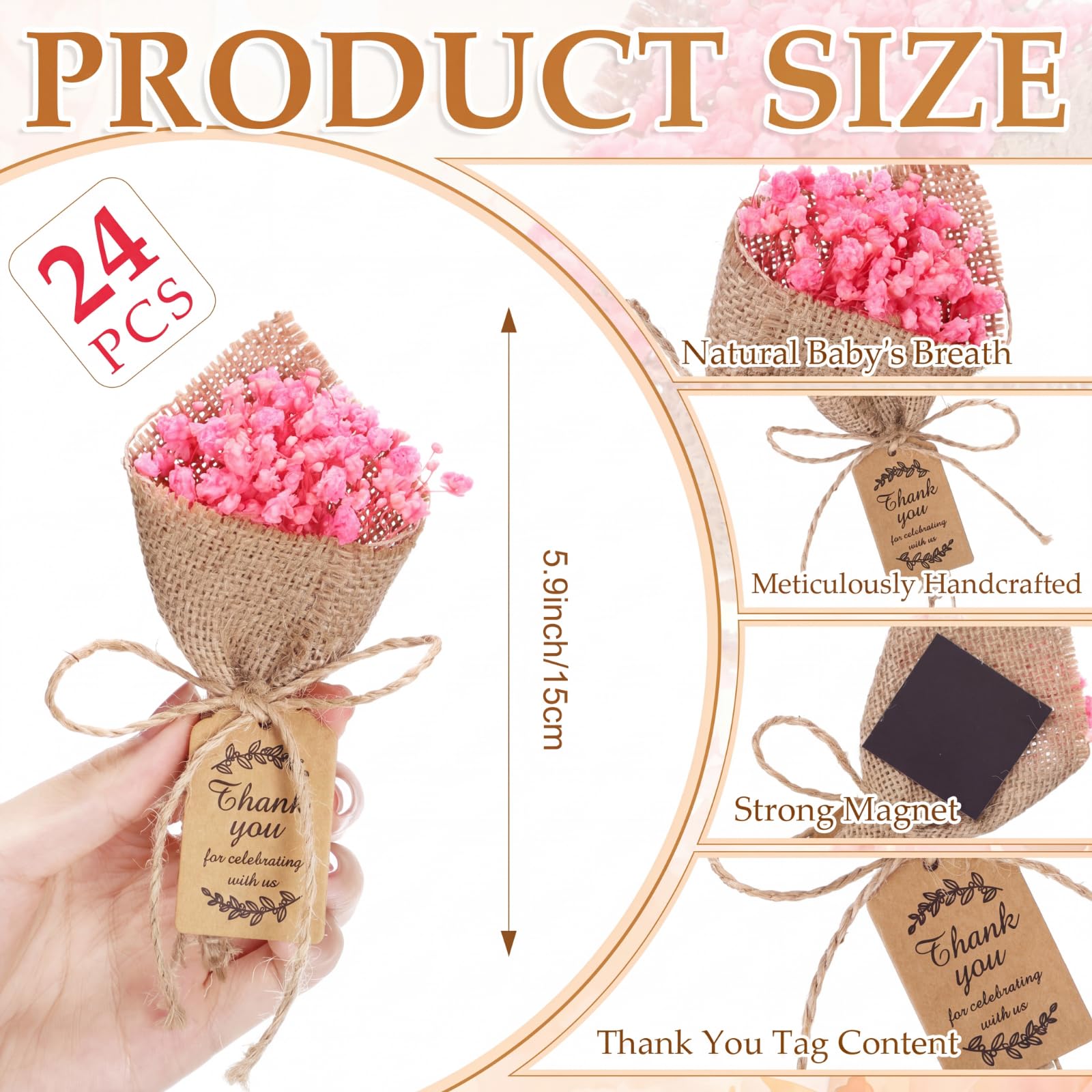 Kingdder Mini-Magnet-Trockenblumensträuße, Gastgeschenke für Gäste, rustikale Baby-Atem, Brautparty, Hochzeit, Taufe, Gastgeschenke mit Dankeskarten, Rückgabe, Hochzeits-Souvenir, Rosa, 24 Stück