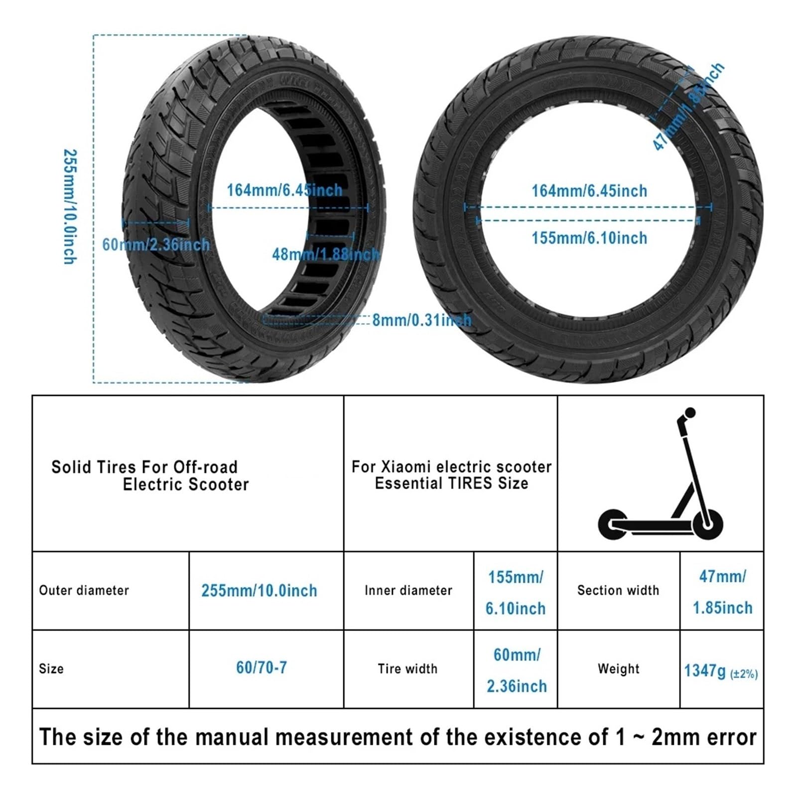 Neumáticos sólidos for patinete eléctrico Xiaomi, 4 Pro de 10 pulgadas, antiexplosión, con diseño panal, 60/70-7.0, sin cámara Neumático macizo para patinete eléctrico