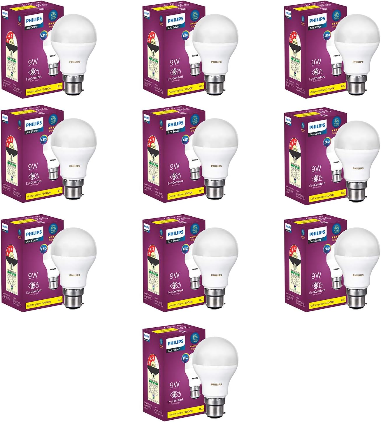 Base B22 9-Watt LED Bulb (Warm White/Golden Yellow) - Pack of 10