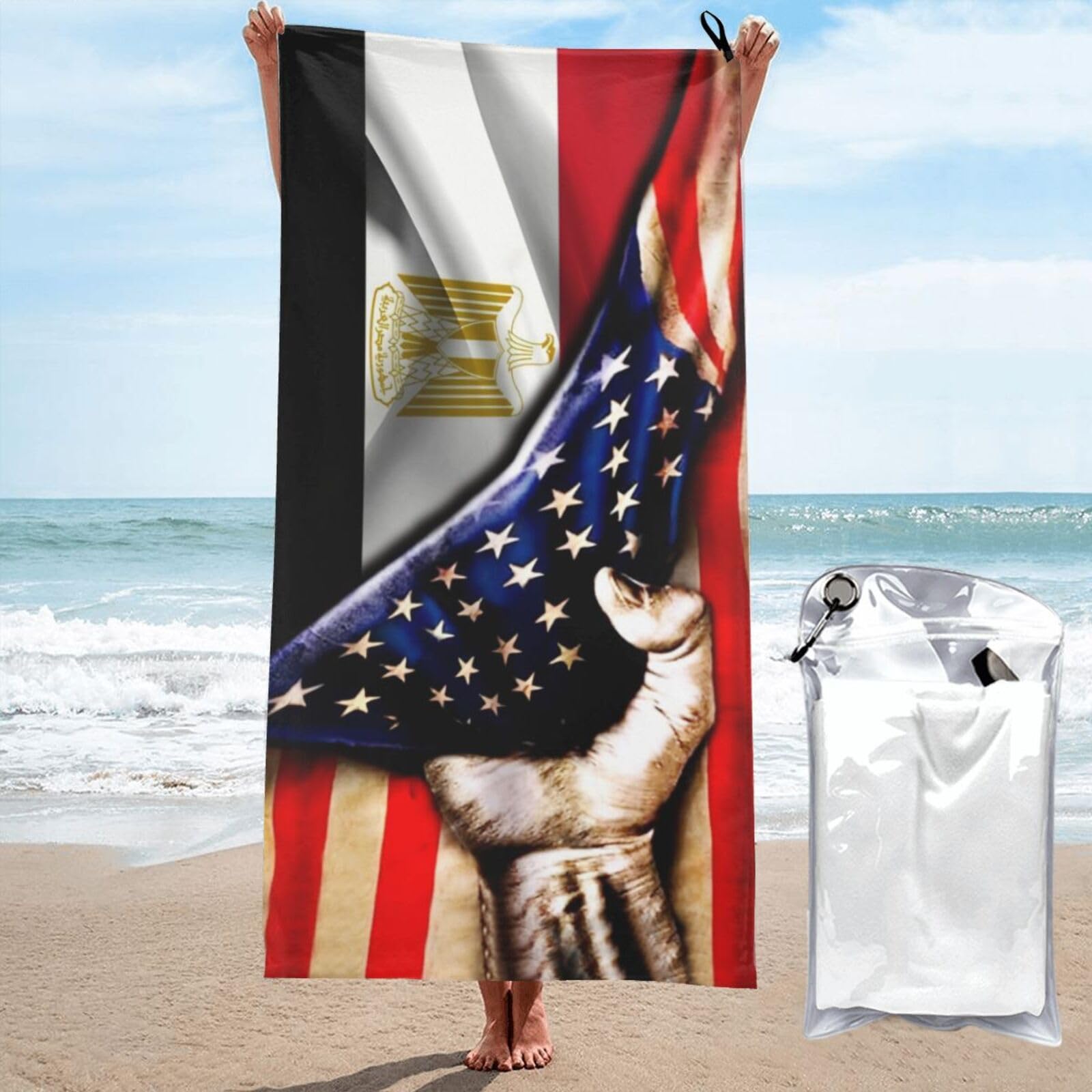 HACXZ Large Camping Towel America Flag and Egypt Egyptian Flag Microfiber Beach Towel Bathroom Beach Towels