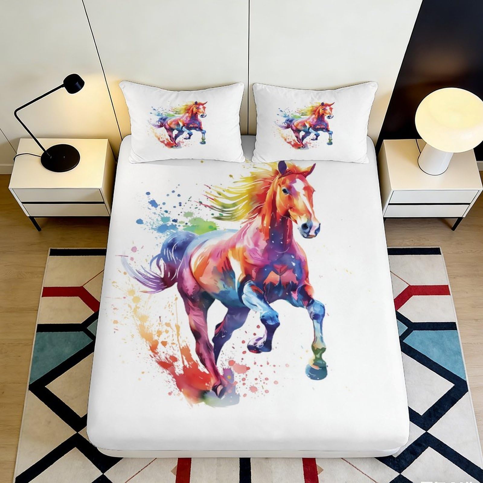 3D Printed Colorful Horse Fitted Sheet Microfiber Deep Pocket for Bedroom Bedding Mattress Fitted Cover Non-Slip Adult Washable 140x200x25cm