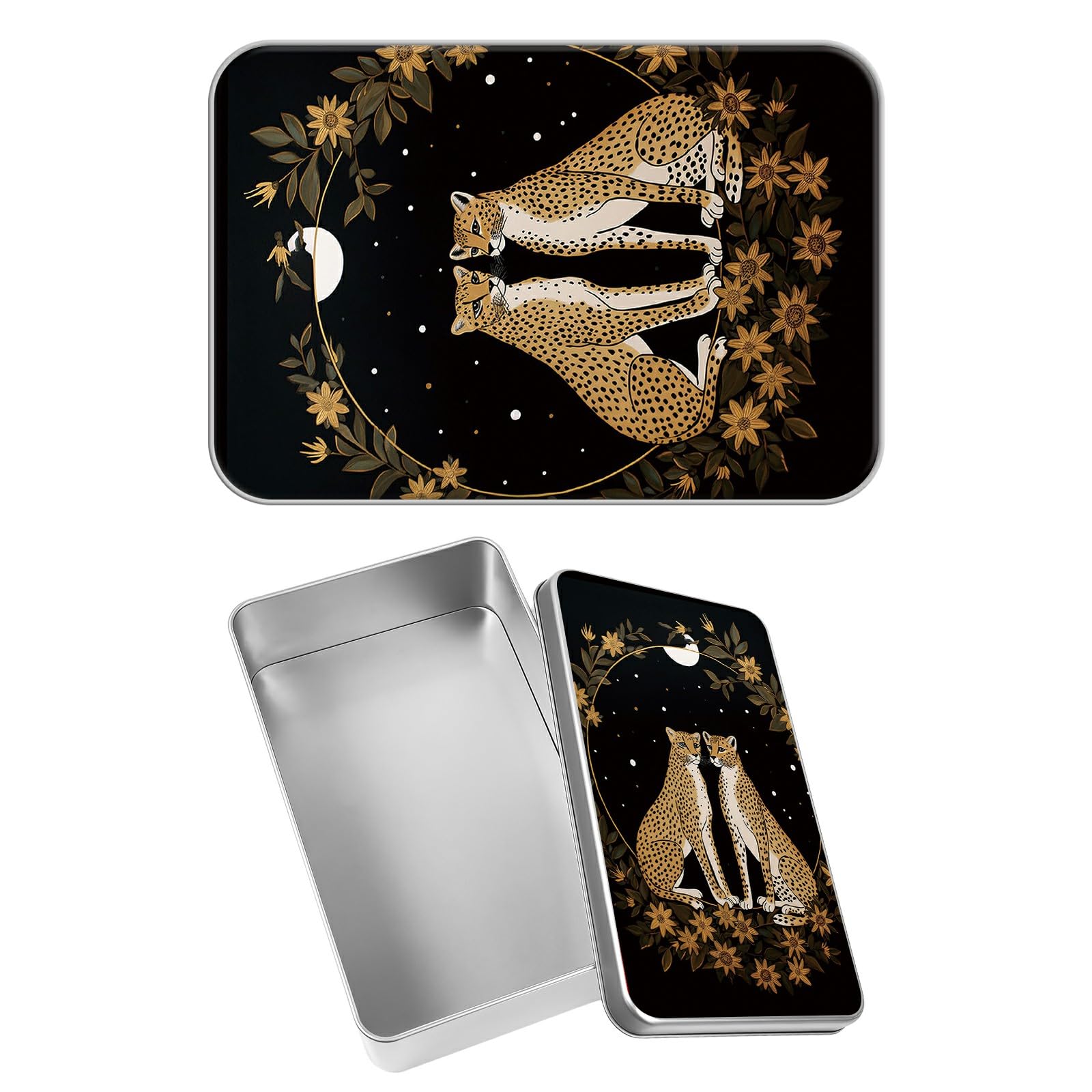 Rectangular Metal Tin Box with Removable Lid, Moon Cheetah Cat Decorative Printed Metal Storage Container for Jewelry Pen Eraser Pill Candy Craft 4.9 x 3.54 x 1.57 inch– Single Pack