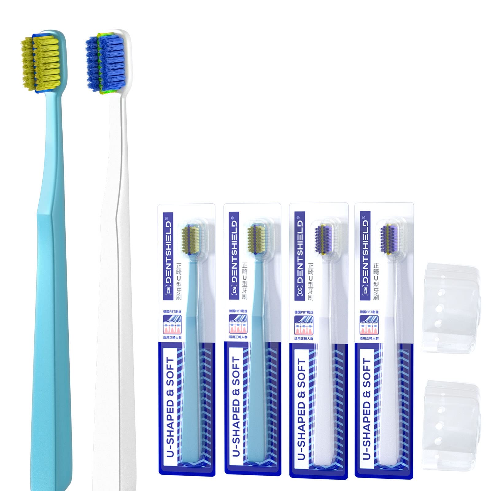 4 Pcs Orthodontic Toothbrush for Braces U-Shaped Soft Bristle with 4 Toothbrush Head Cover（Blue+White (4 Pack)