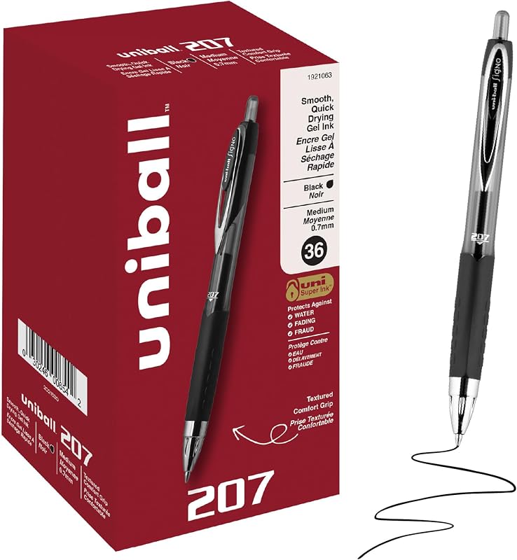 bolígrafos de gel uniball™ 207, tinta negra, punta media de 0,7 mm, retráctiles, 36 unidades | Escritura fluida, resistente al fraude, uni Super Ink™