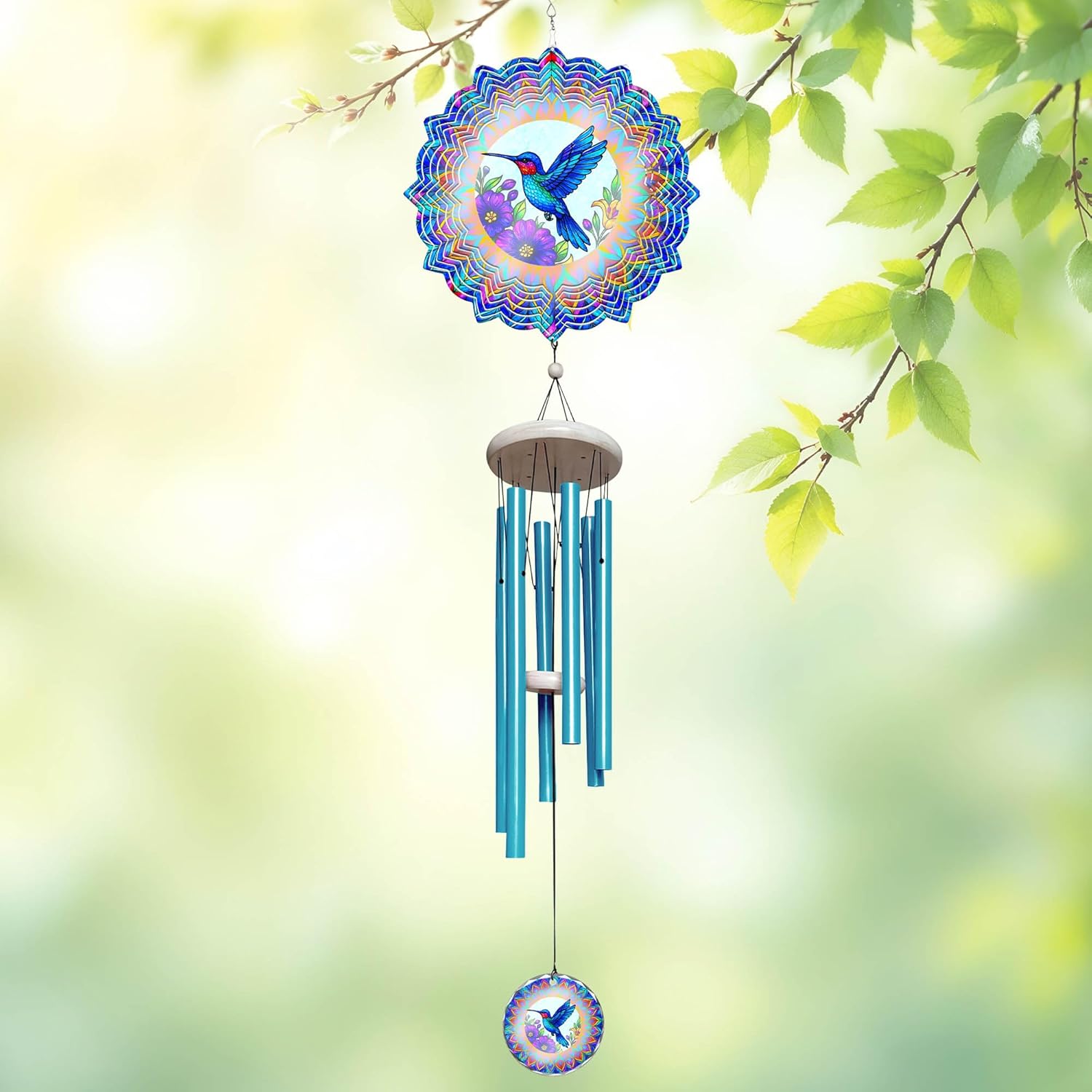 Hummingbird Ornament Spinner Wind Chime – Colorful Outdoor Garden Decor, Soothing Sounds, Blue Tubes, Unique Spinner Design, Perfect for Patio, Porch, Yard, and Nature Lovers