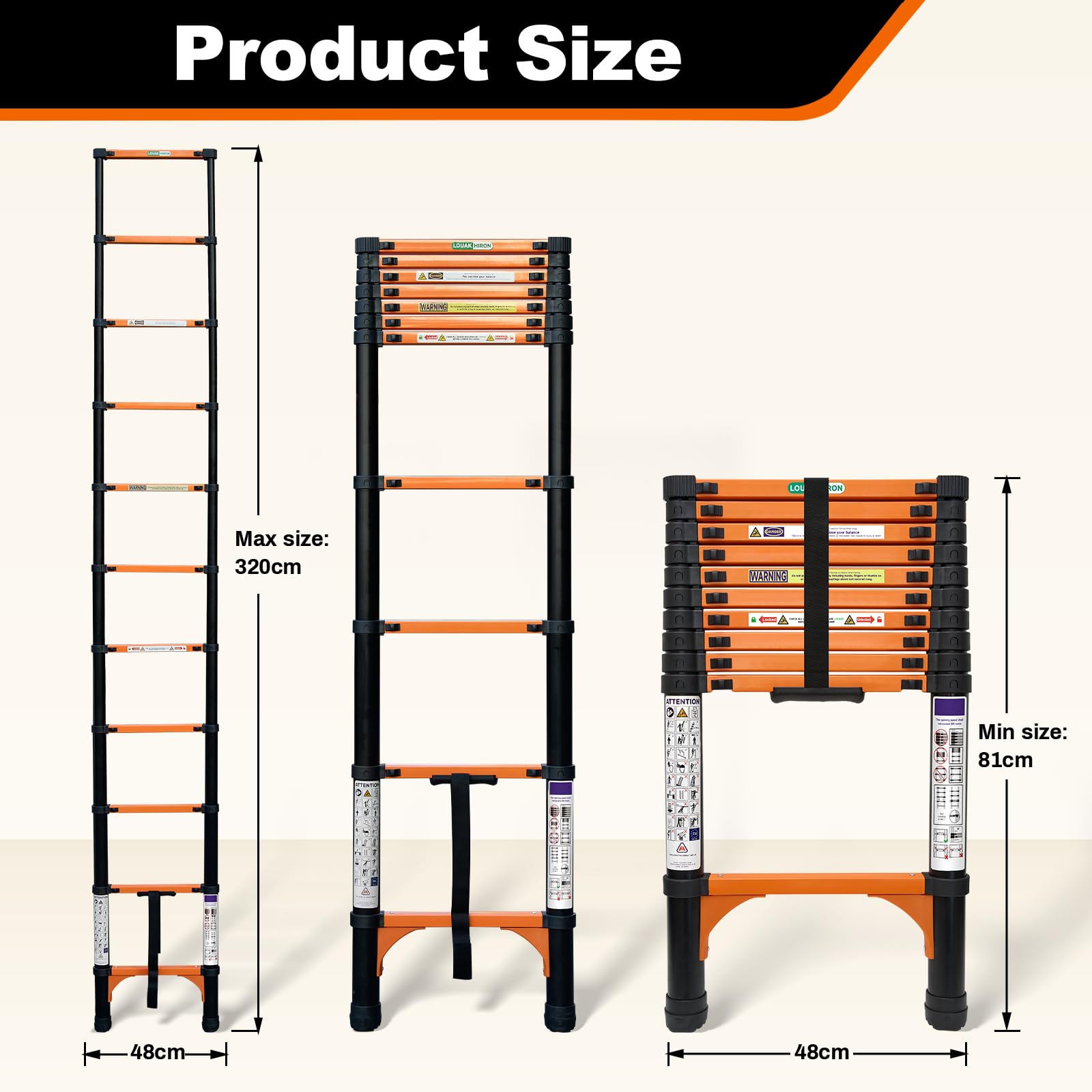 3,2m Escalera telescópica, escalera plegable de alta calidad extensible con estabilizador, escalera plegable antideslizante portátil multiusos para el hogar y exteriores para autocaravanas