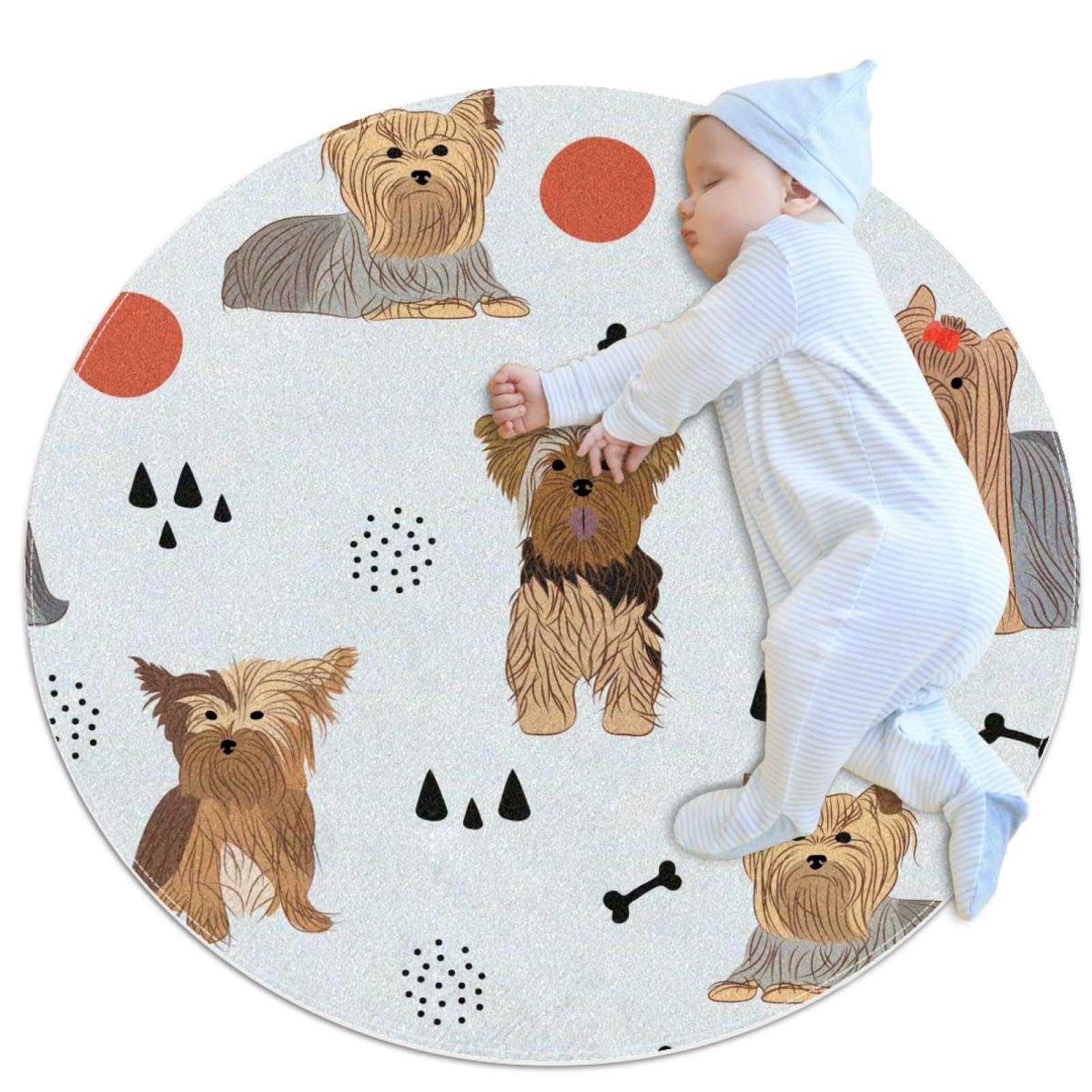 Tapis Yorkshire Terrier rond 1m antidérapant et doux pour chambre d'enfant
