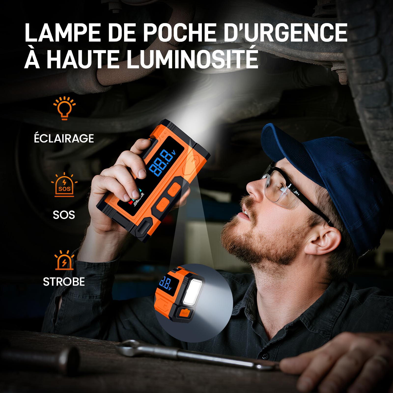 JDMCAR Booster Batterie Voiture 𝟏𝟎𝟎𝟎𝟎𝐀 - 𝟏𝟒.𝟖𝐕 Démarreur Batterie Voiture (jusqu'à10,0L Gaz/9,0L Diesel), Jump Starter avec LED, Booster Pinces Intelligentes, Protections Multiples Auto Moto