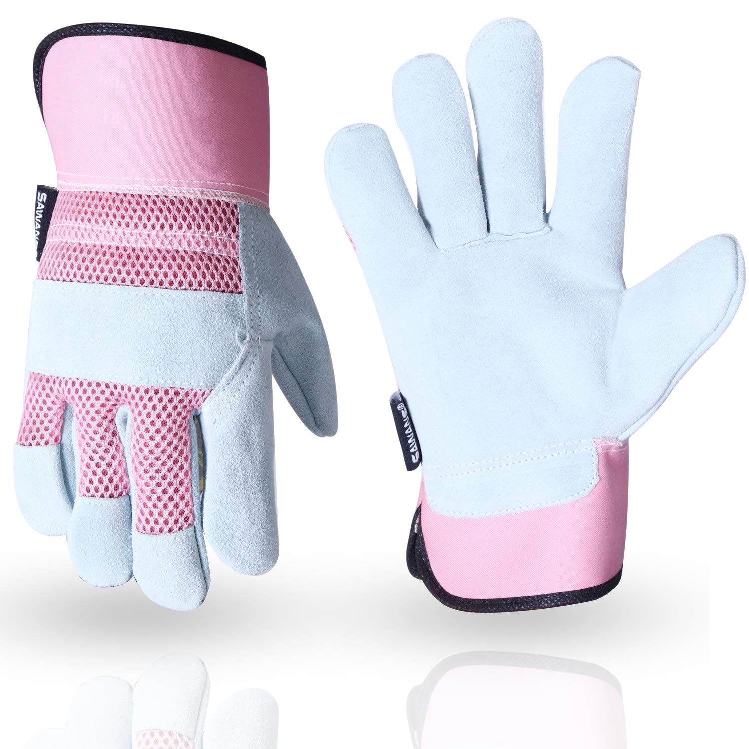 SAWANS Thorn Proof Work Gloves Heavy duty Leather Gardening Gloves for Ladies Women Durable Protective Garden Rigger Hand Utility Safety Men Kids Washable Gripper (Pink