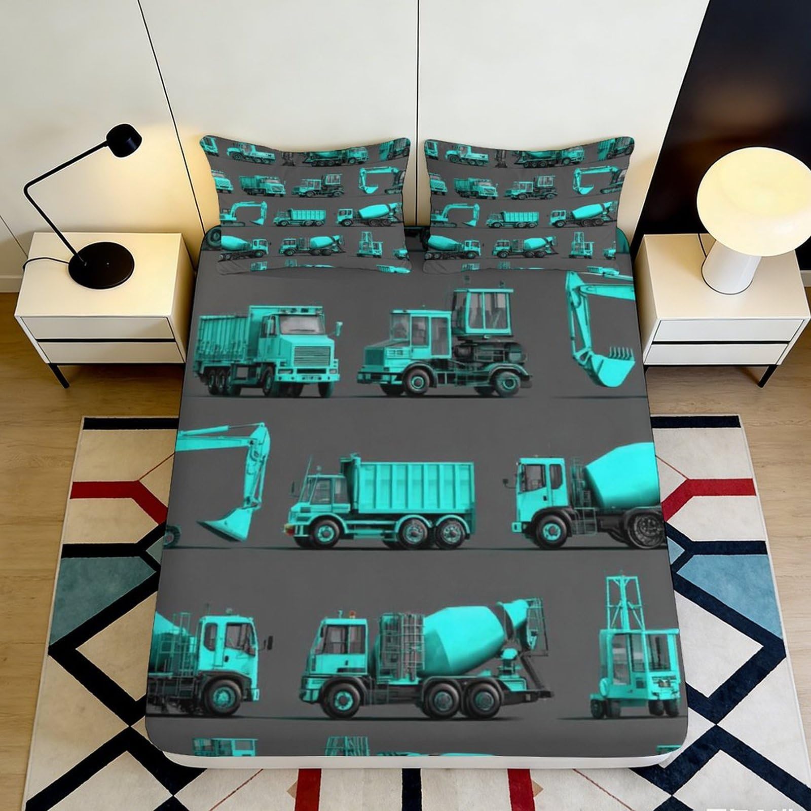 3D Printed Construction Vehicles Fitted Sheet Microfiber Durable Soft 3D Printed Heavy Truck Bed Cover for Bedroom Dormitory Guest Room Mattress Protection 120x200x25cm