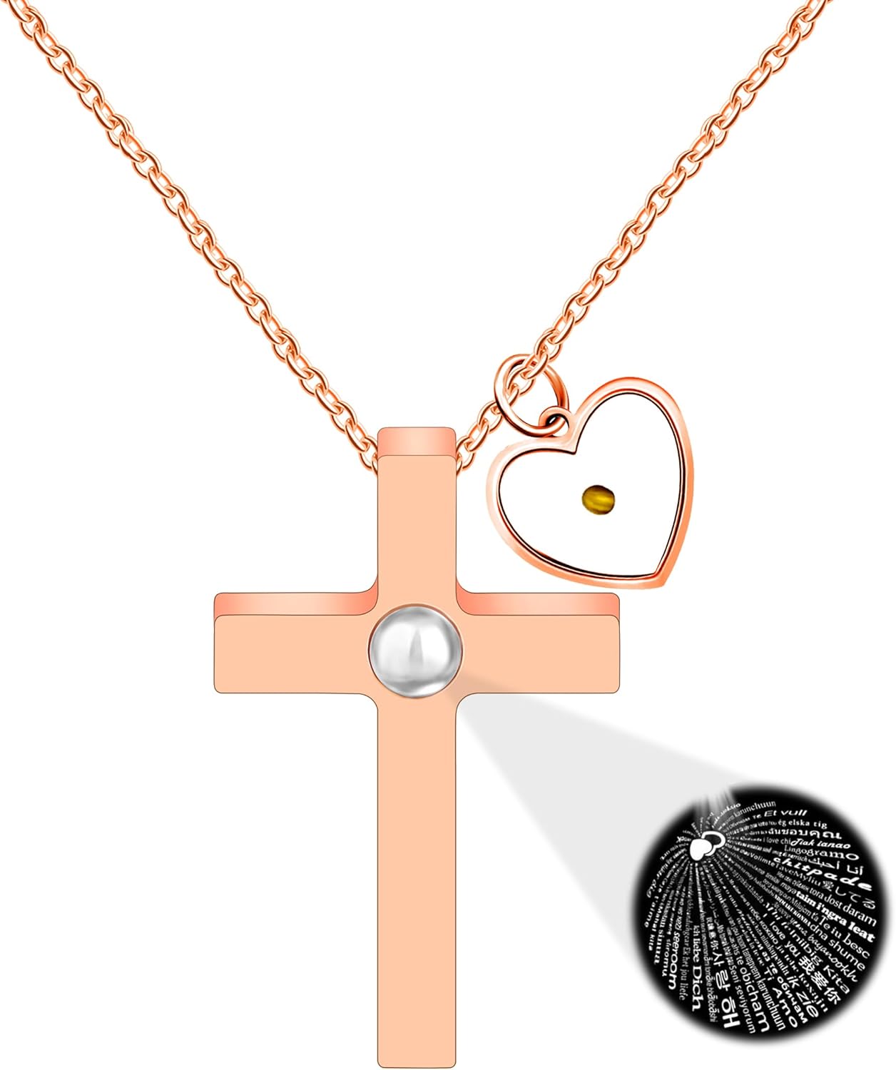 Uloveido Projection Cross Necklace - I Love You in 100 Languages Cross Necklace with Heart Mustard Seed Charm Religious Jewelry Christian Gifts