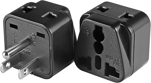 2 Pack US Travel Plug Adapter, EU/UK/AU/in/CN/JP/Asia/Italy/Brazil to USA Type B, 3 Prong Grounded USA Wall Plug Wall Outlet Power Charger Converter Black