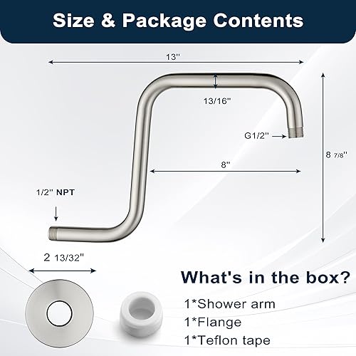 Vista 97 de BRIGHT SHOWERS Brazo de extensión de cabezal de ducha de 13 pulgadas con brida en forma de S, extensor de altura alta, brazo largo de acero Cromo