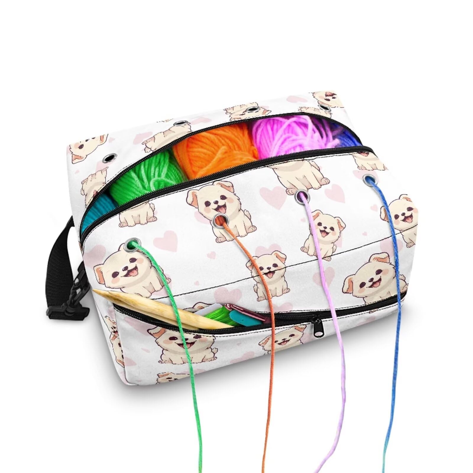 Drnuikhe Cute Puppy Print Crochet Bag Kitting Bag for Yarn Storage Crochet Bag Knitting Bag Yarn Storage with Shoulder Strap for Crochet Hooks Skein