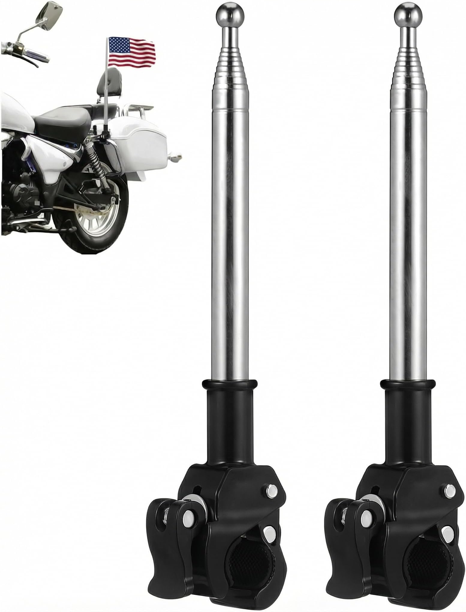 2Pcs Adjustable Stainless Steel Motorcycle Flagpole Pole, 51in Retractable Bike Flag Pole, Telescopic Motorcycle Bicycle Flag Mounts, Flagpole for ATV Golf Cart Wheelchair Dirt Bike Mount