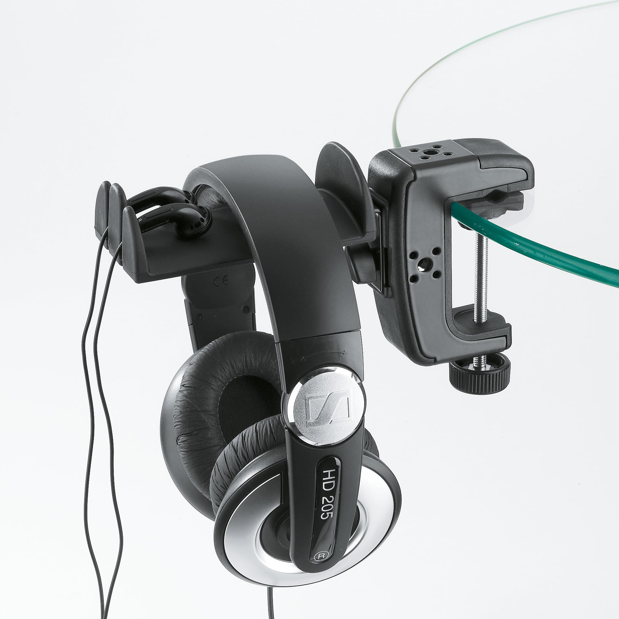 K&M 16085 Supporto per cuffie con pinza da tavolo, nero e acciaio - con supporto in plastica per due cuffie Over Ear