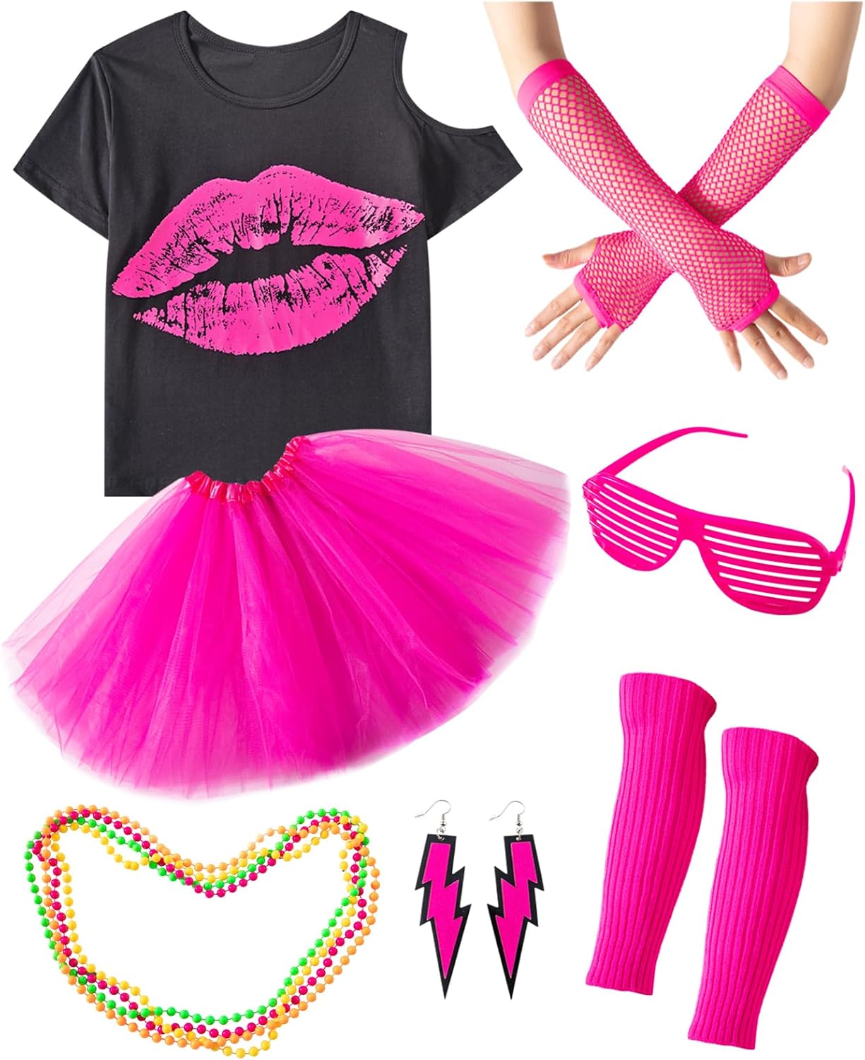 LATOBREATH Girls 80s Glow Party Accessories Set Halloween Costume Outfits T-Shirt Cosplay 1980s Clothing Funny