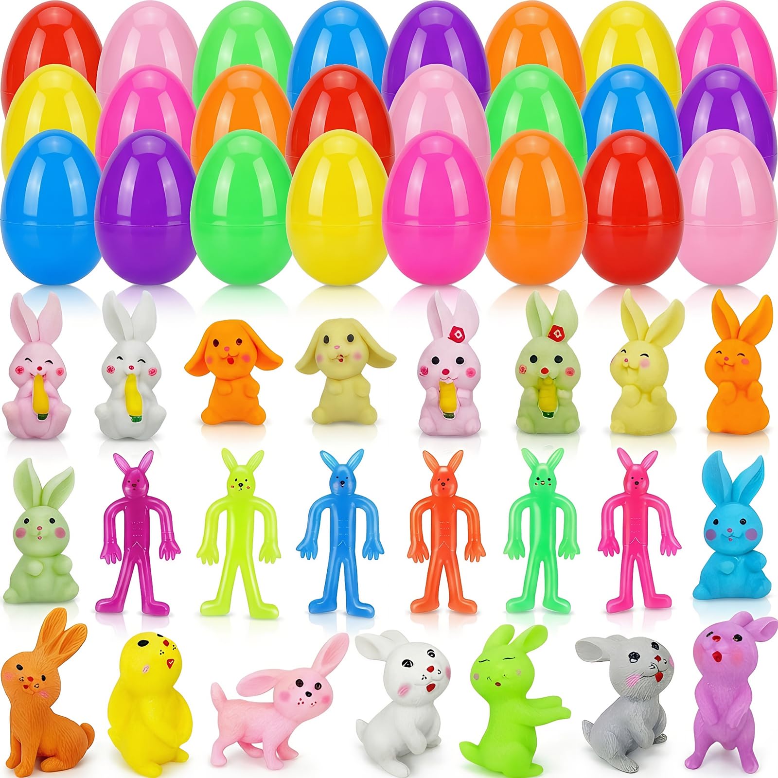 Menzcci 24 Pack Easter Bunny Party Favors Toys for Easter Basket Stuffers, Bunny Stretchy Toys Bunnies Decorations with 24 Pcs Plastic Easter Eggs for Kids Easter Egg Fillers Essentials Gifts