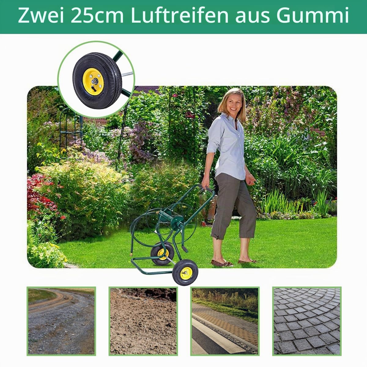 SOARS Schlauchwagen Metall, Schlauchaufroller für 3/4" Schlauch, Schlauchtrommel mit tropffreie Drehdurchführung & Kurbel & Gummirädern, Gartenschlauchwagen mit 188 cm Anschlusschlauch