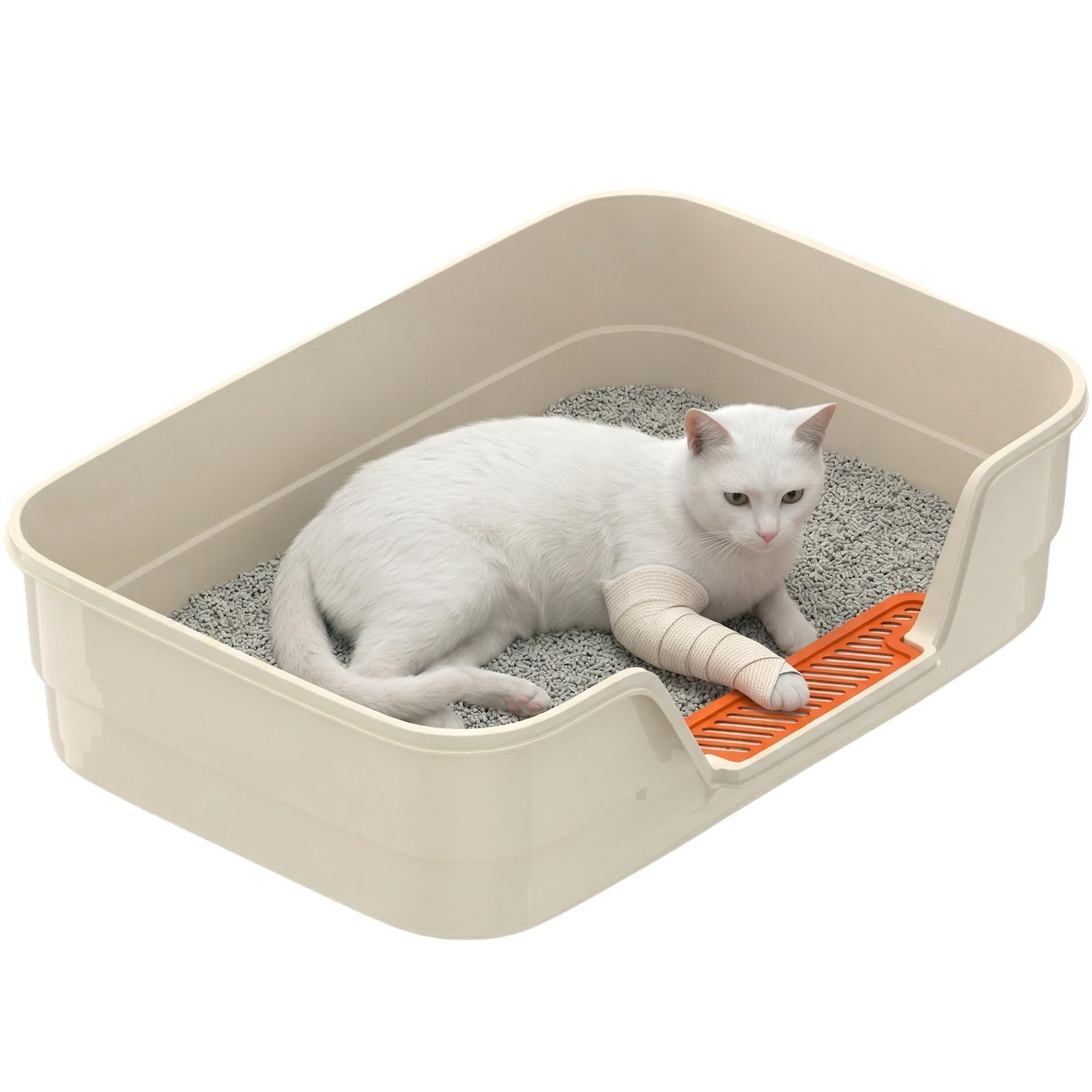 Suhaco Large Cat Litter Tray with High Sides & Low Entry Spacious 60x40x16CM Open Design for Elderly Cats & Kittens Easy Clean Cat Litter Box(WHITE)