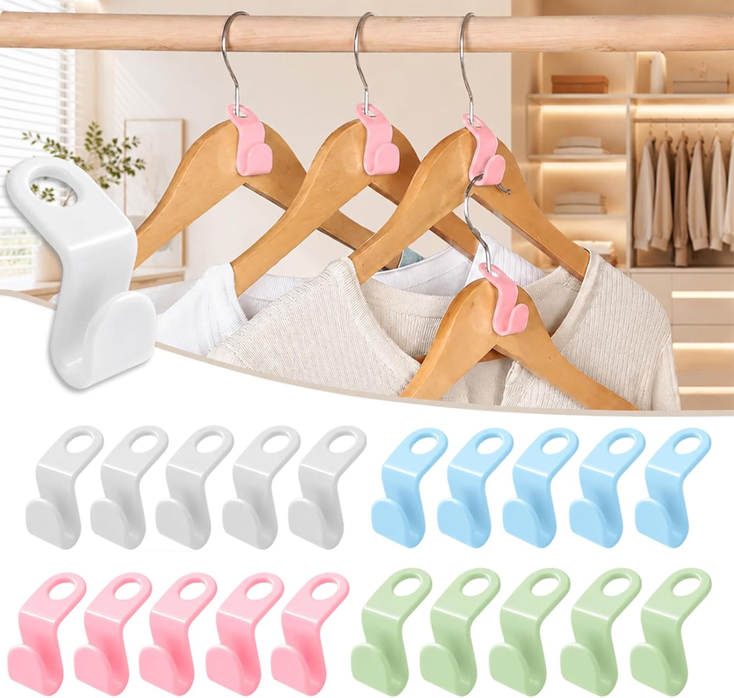 100PCS Space Saving Hanger Connector Hooks - Clothes Connector Hooks, Stacking Space Saver, Plastic Closet Organizers and Storage Extender for Heavy Duty Cascading Connection (Mixed,20pcs)